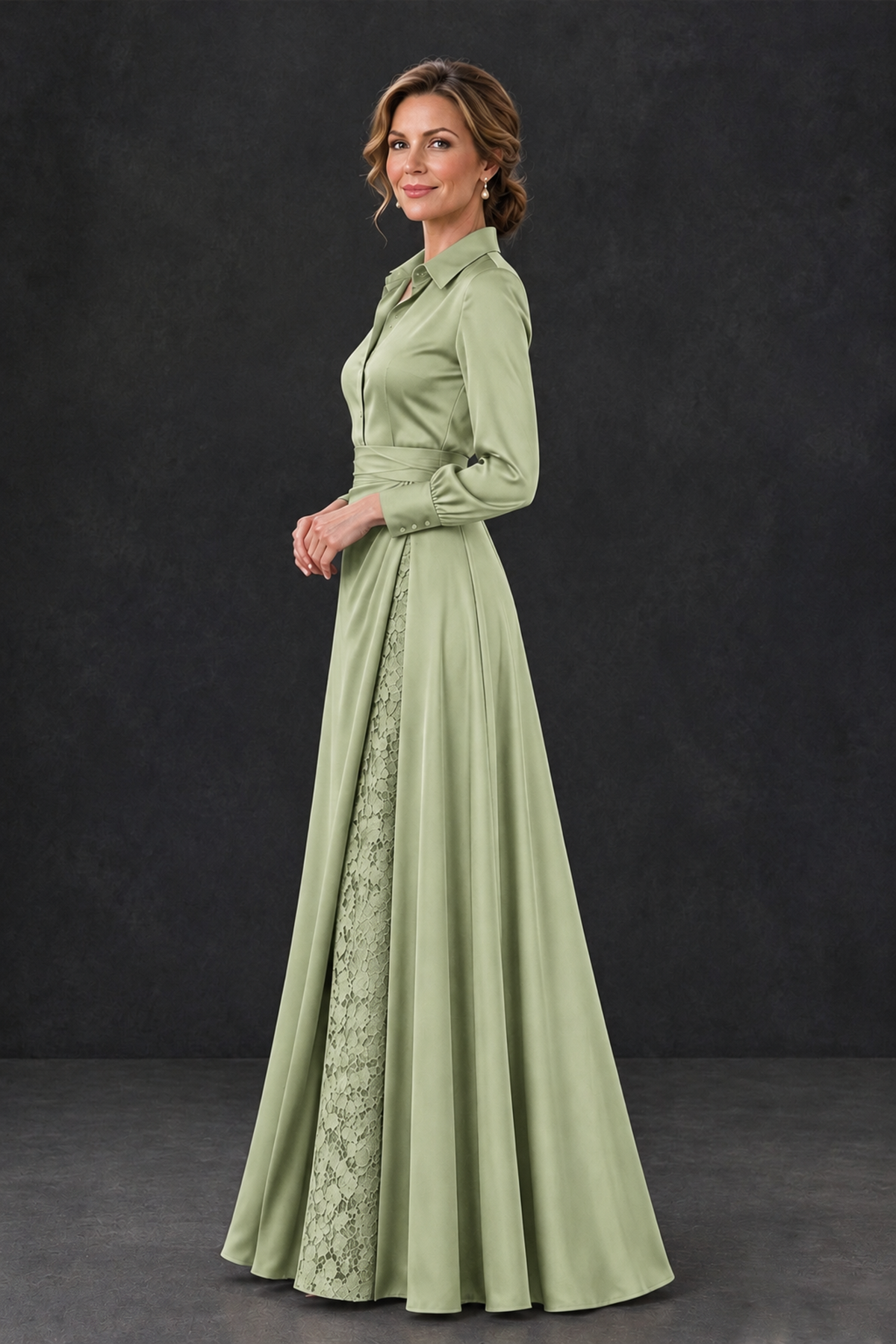BOLODOO Sage Green Long Sleeve Satin-Look Lace Panel Gown - Sage Green - Sage Green_3