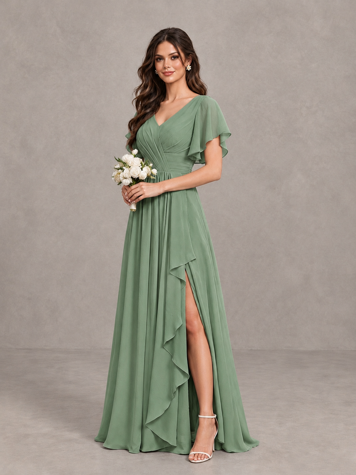 BOLODOO Sage Green Flutter Sleeve V-Neck Bridesmaid Dress with Ruffle Slit - Sage Green - Sage Green_3