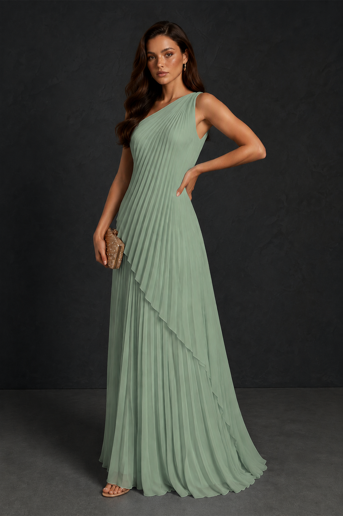 BOLODOO Sage Green One-Shoulder Sunburst Pleated Asymmetric Layered Overlay Accordion Pleated Chiffon Maxi Dress - Sage Green