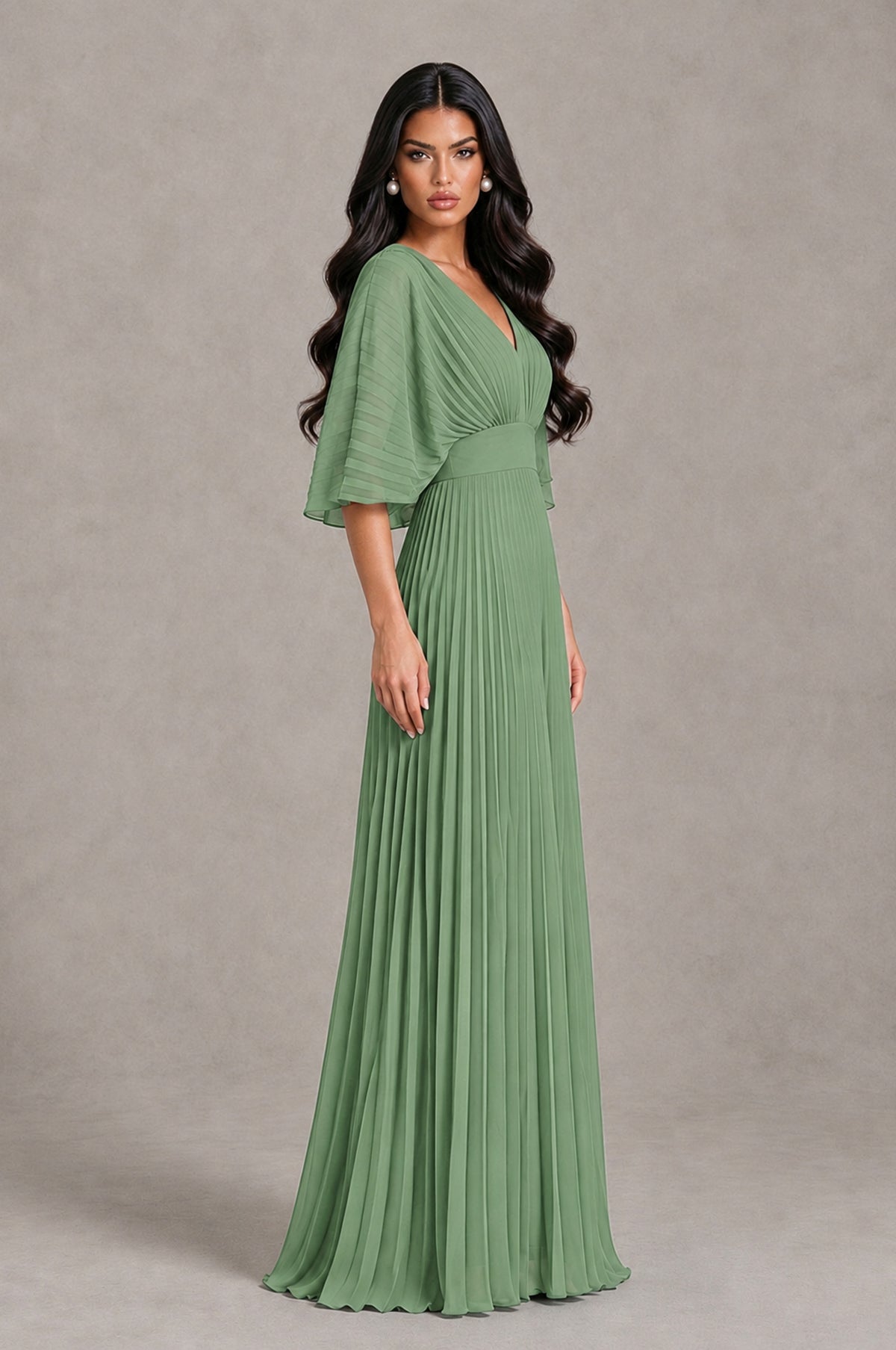 BOLODOO Sage Green V-Neck Pleated Flutter Sleeve Formal Dress - Sage Green - Sage Green_3