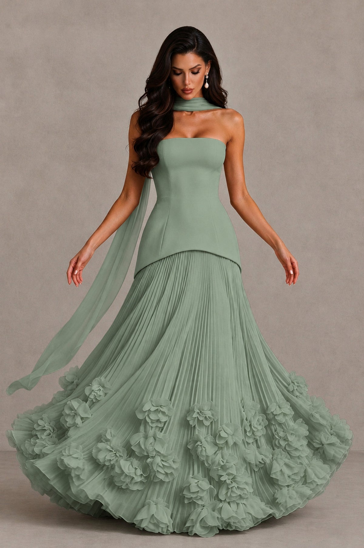 BOLODOO Sage Green Strapless Pleated Floral Hem Evening Gown - Sage Green - Sage Green_3