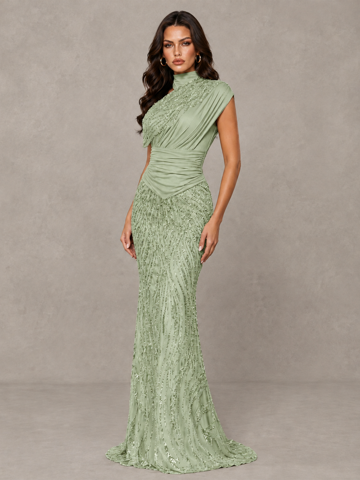 BOLODOO Sage Green High Neck Draped Sequin Mermaid Evening Gown - Sage Green - Sage Green_3