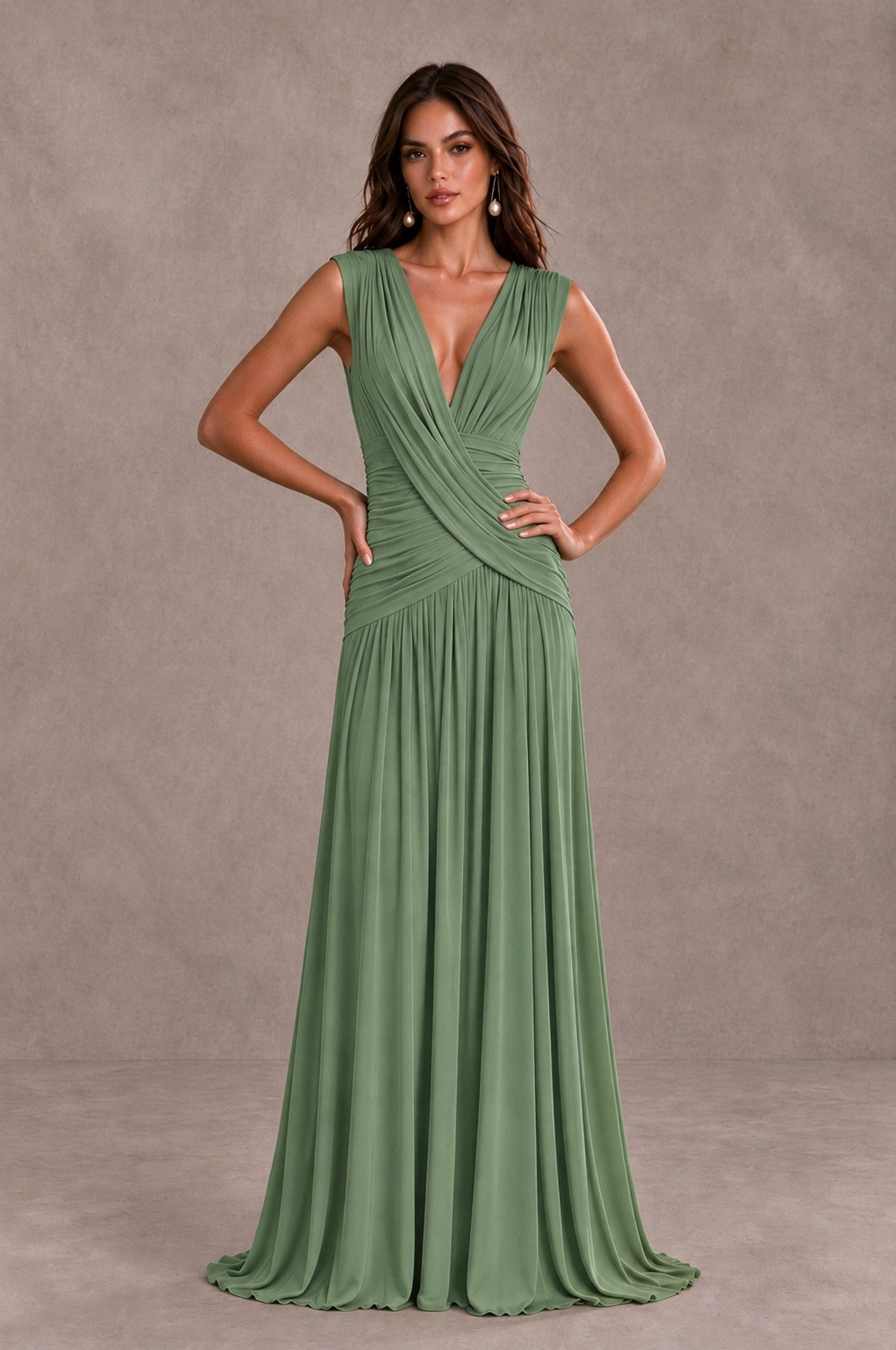 BOLODOO Sage Green V-Neck Ruched Wedding Guest Dress - Sage Green - Sage Green_3