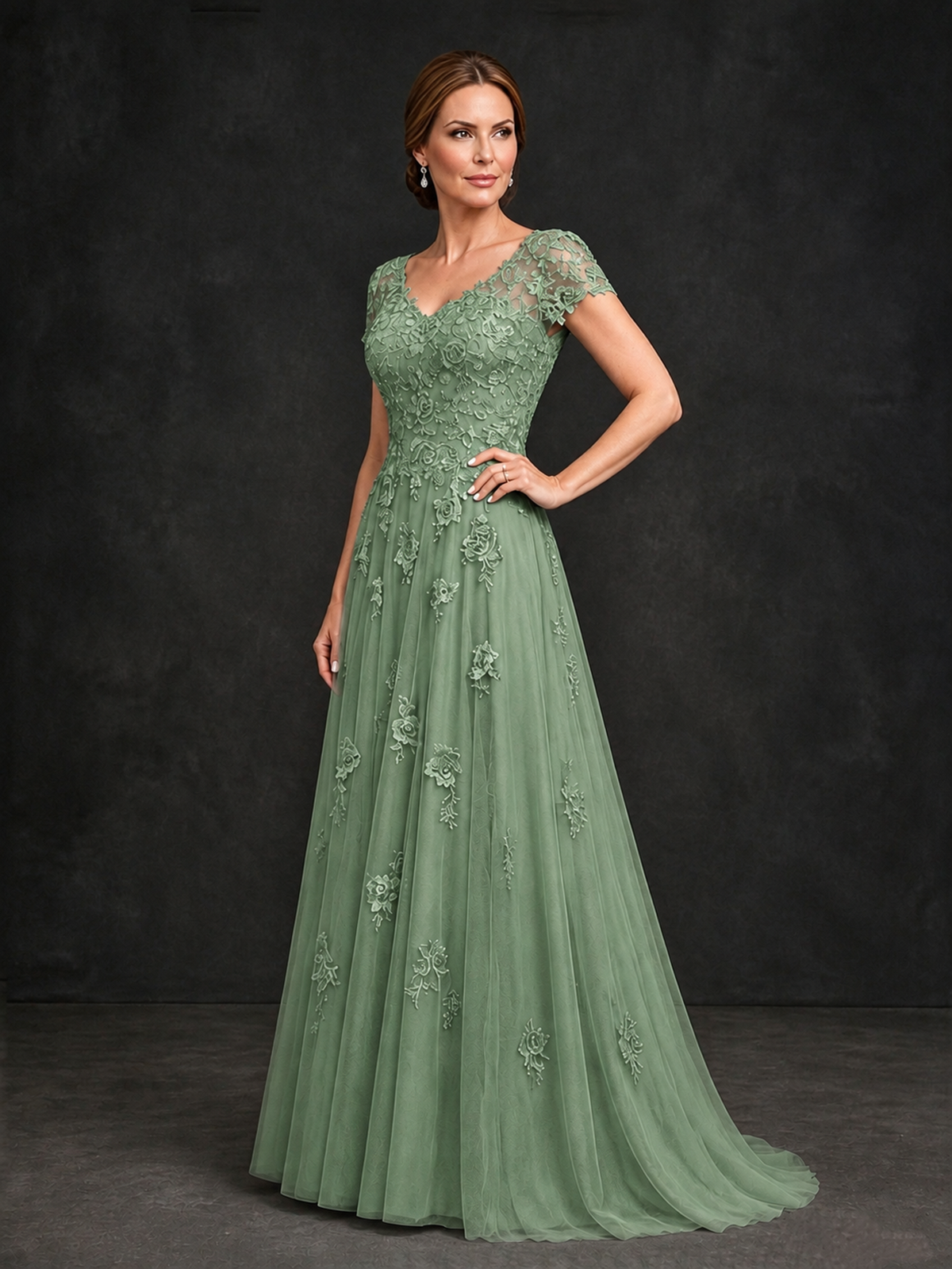 BOLODOO Sage Green Cap Sleeve Lace Appliqué A-Line Formal Gown | Mother of the Bride Dress - Sage Green - Sage Green_3