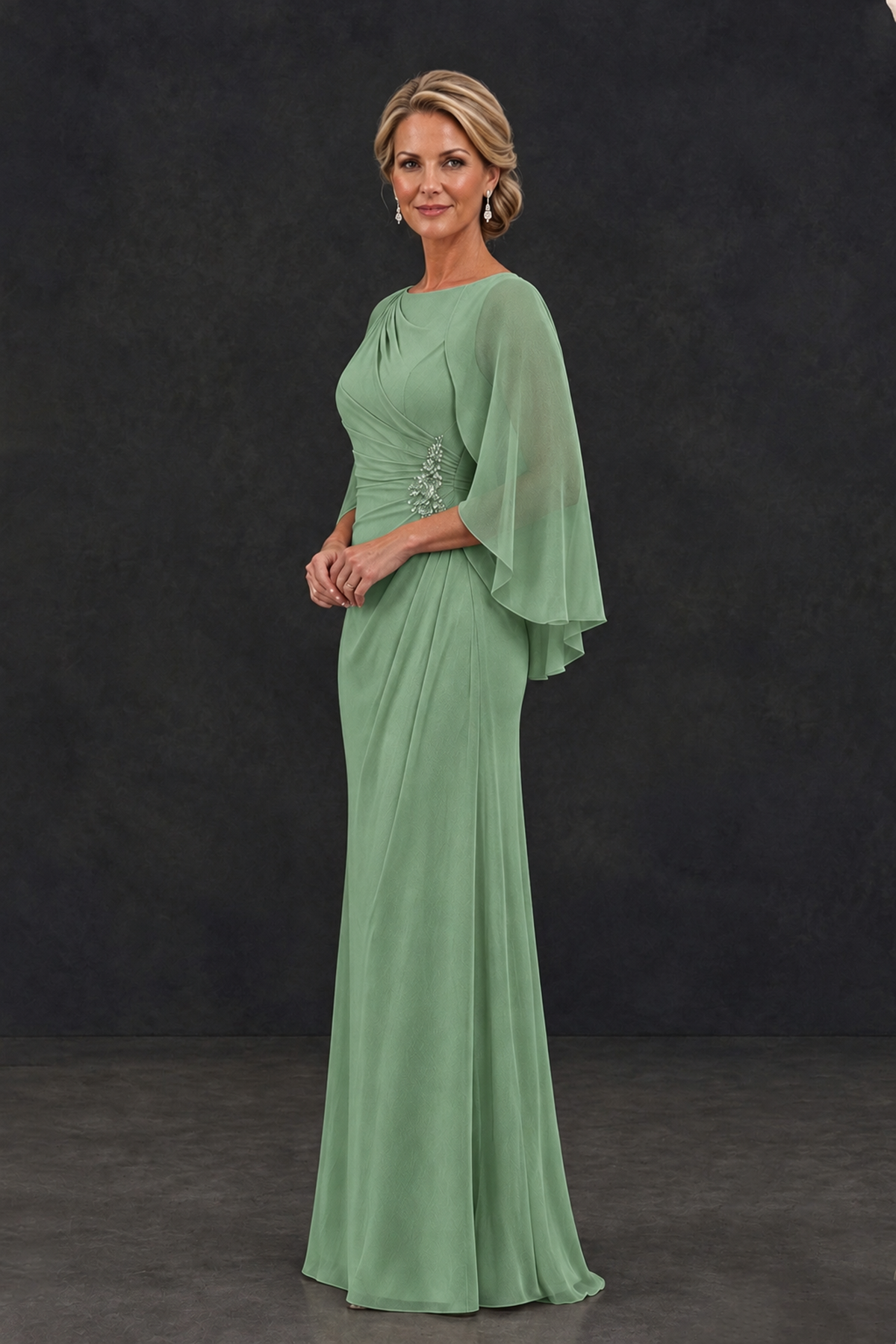 BOLODOO Sage Green Cape Sleeve Mother of the Bride Dress with Ruched Waist - Sage Green - Sage Green_3