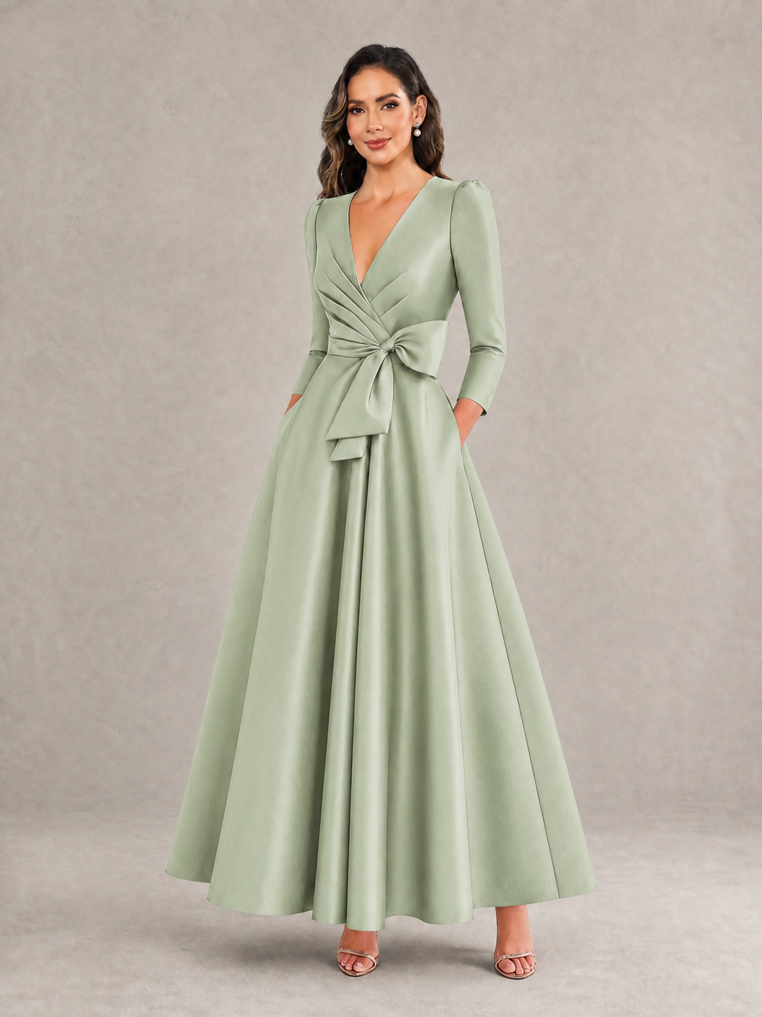 BOLODOO Sage Green Satin Deep V-Neck Wrap 3/4 Puff Sleeve A-Line Ball Gown Maxi Dress with Oversized Bow Belt - Sage Green