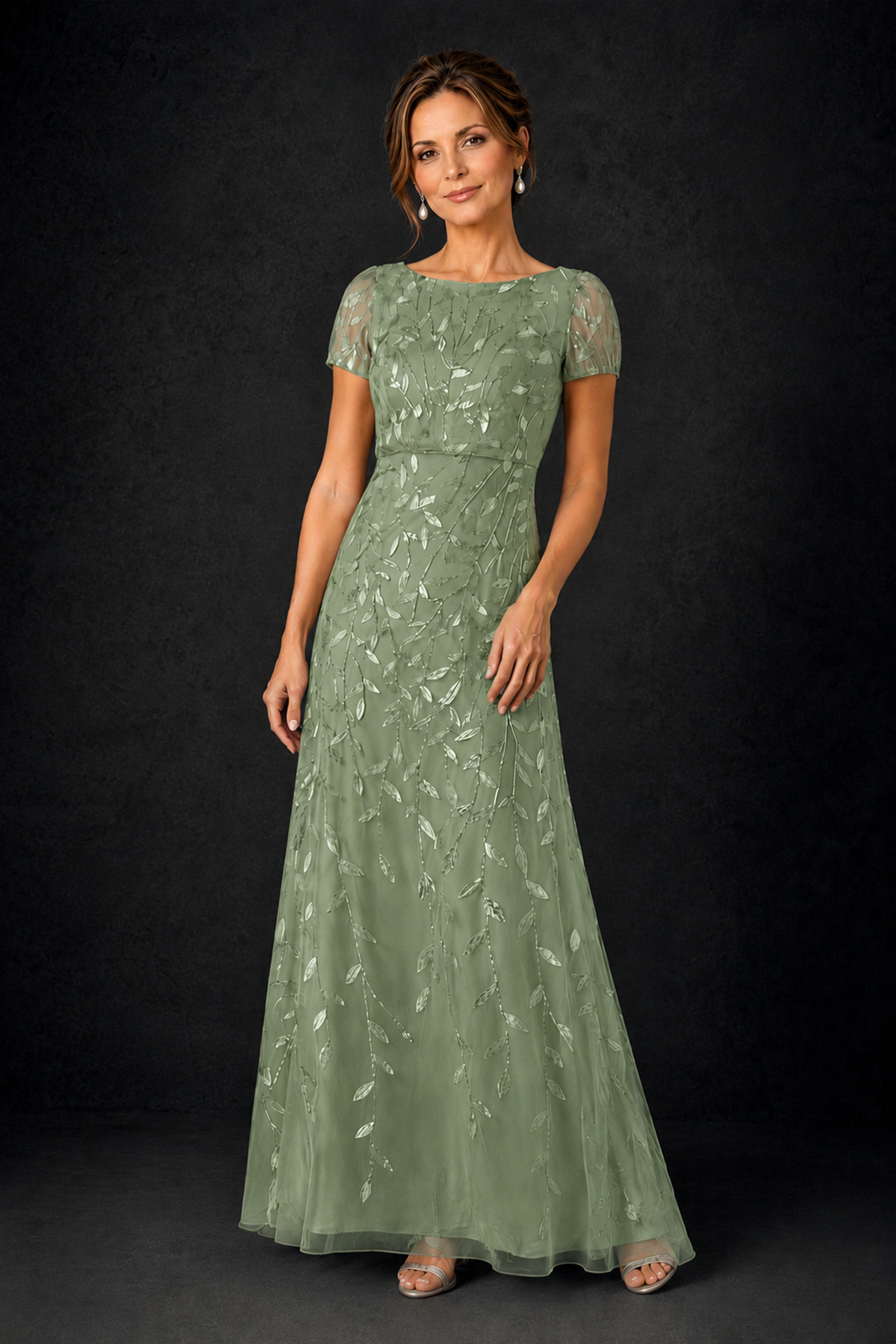 BOLODOO Sage Green Leaf Embroidered A-Line Formal Gown with Cap Sleeves - Sage Green - Sage_Green_3
