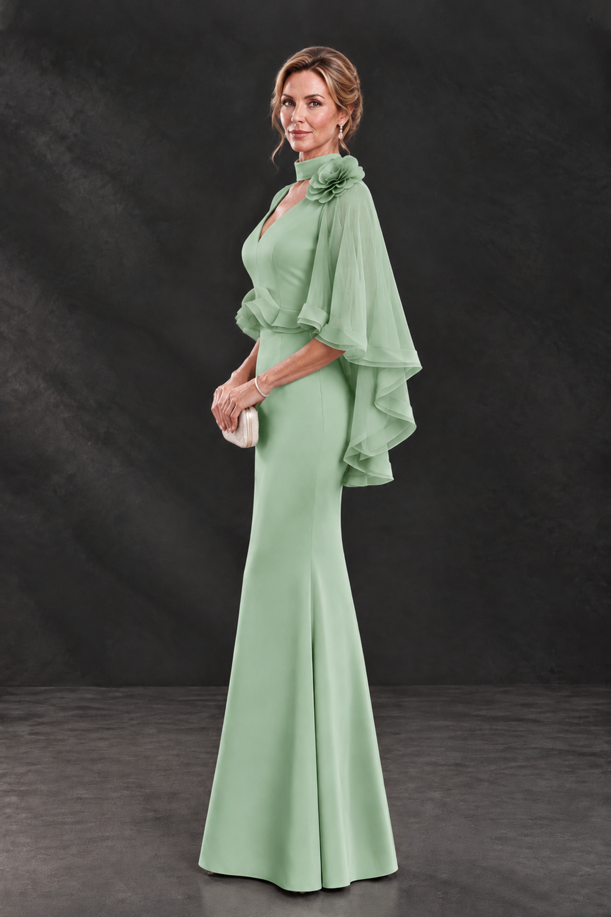 BOLODOO Sage Green Floral Cape Sleeve Mother of the Bride Dress - Sage Green - Sage_Green_3