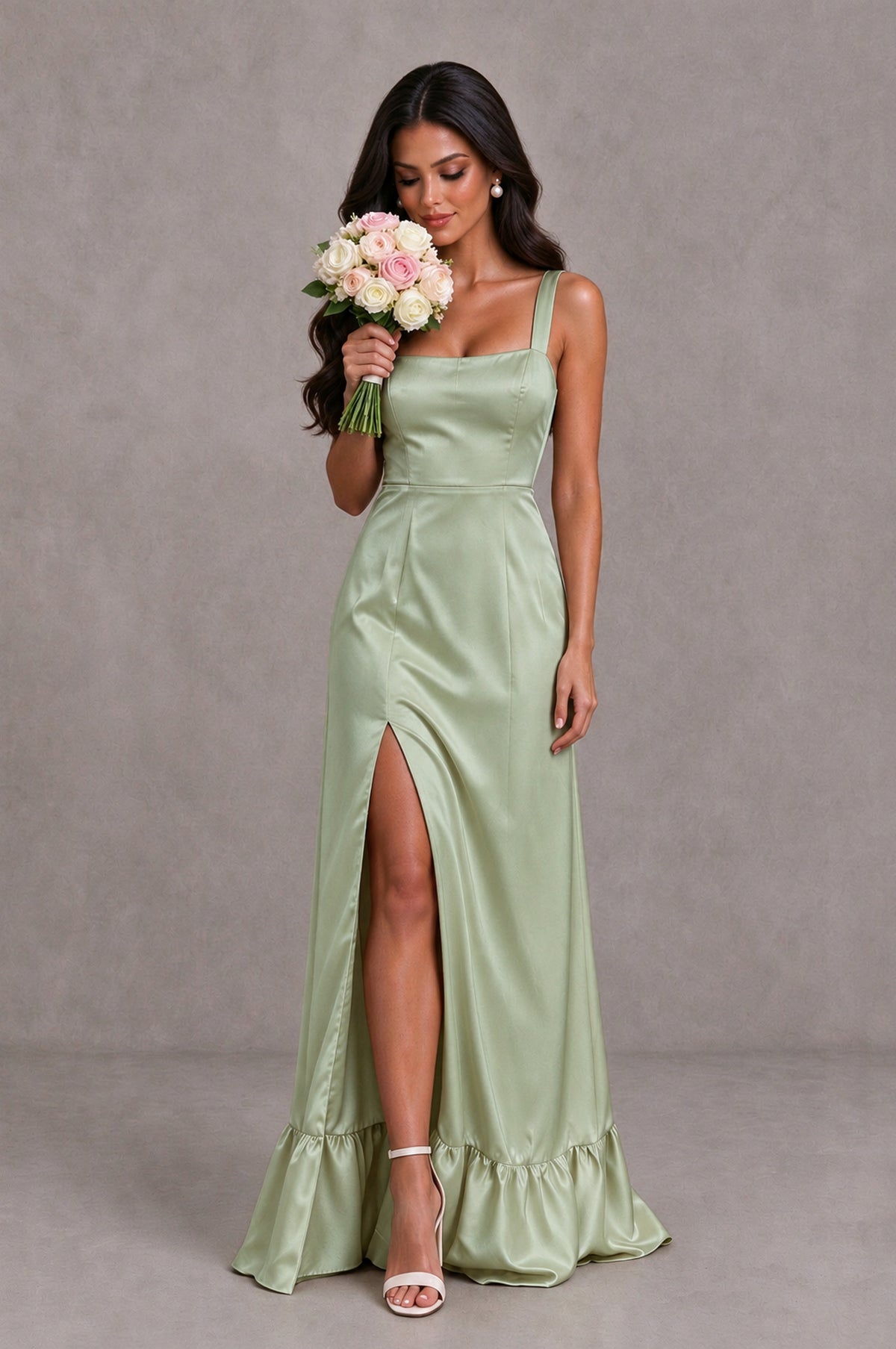 BOLODOO Sage Green Square Neck Satin Evening Dress with Lace-Up Back and High Slit - Sage Green - Sage Green_3