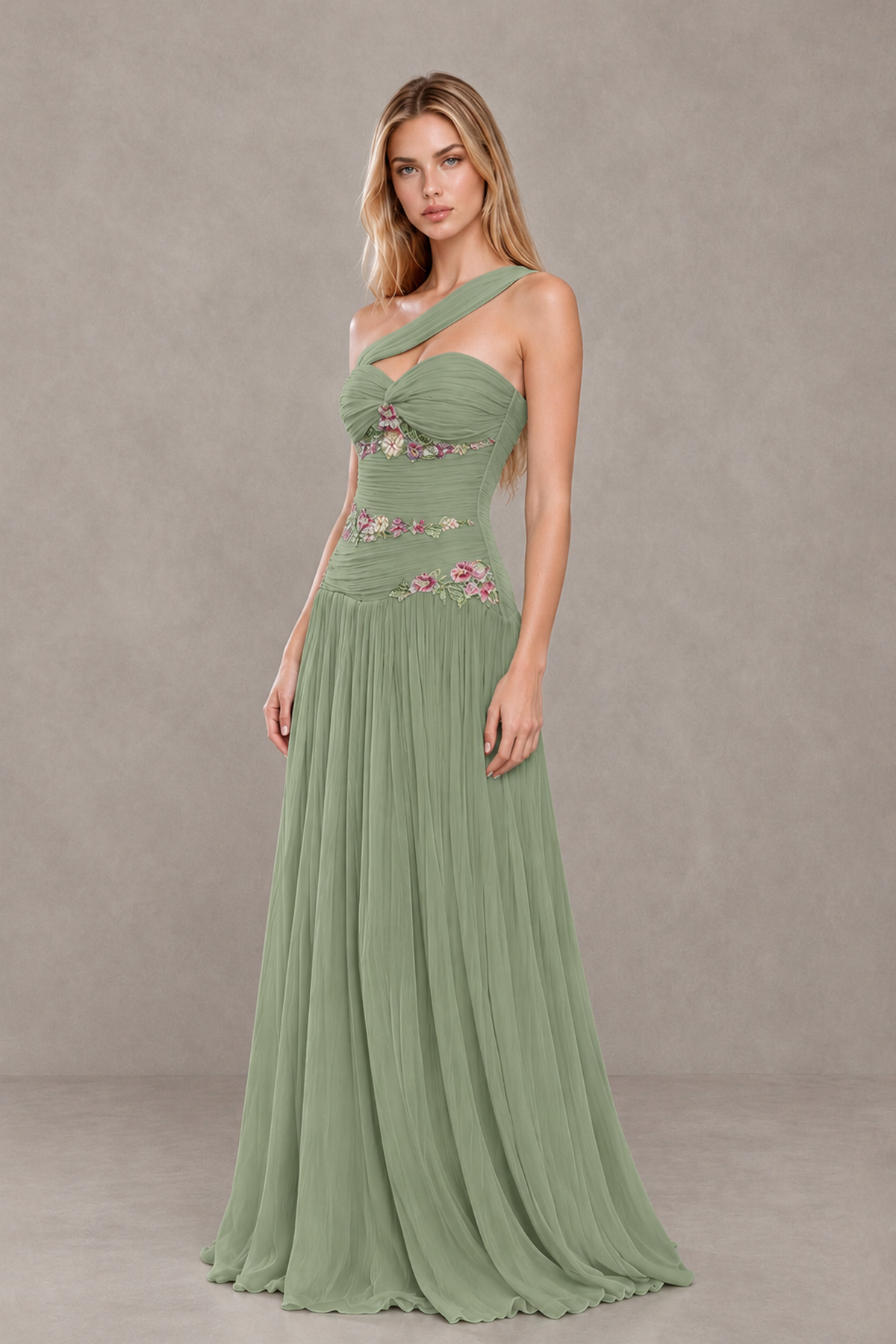 BOLODOO Sage Green One-Shoulder Floral Applique A-Line Evening Dress - Sage Green - Sage Green_3