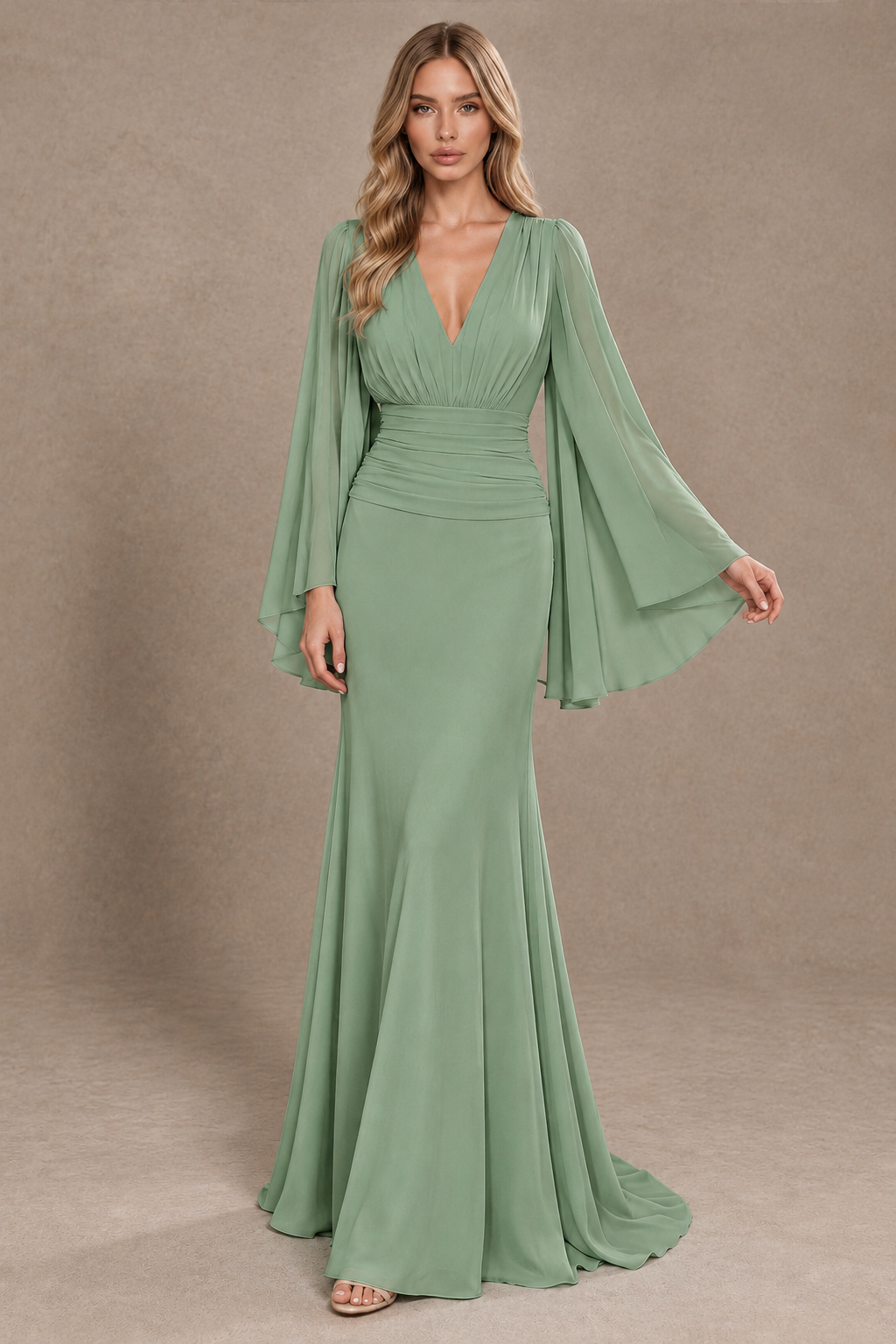 BOLODOO Sage Green Cape Sleeve V-Neck Ruched Chiffon Evening Dress - Sage Green - Sage Green_3