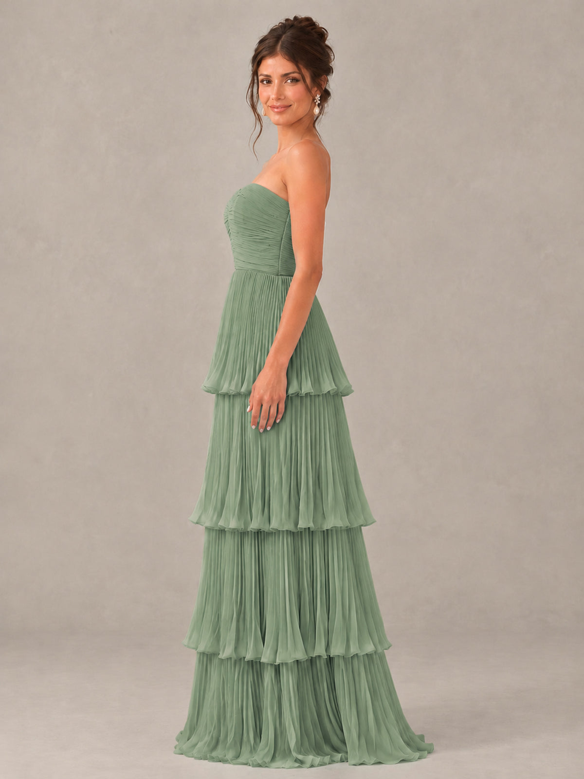BOLODOO Sage Green Strapless Tiered Pleated Bridesmaid Dress - Sage Green - Sage Green_3