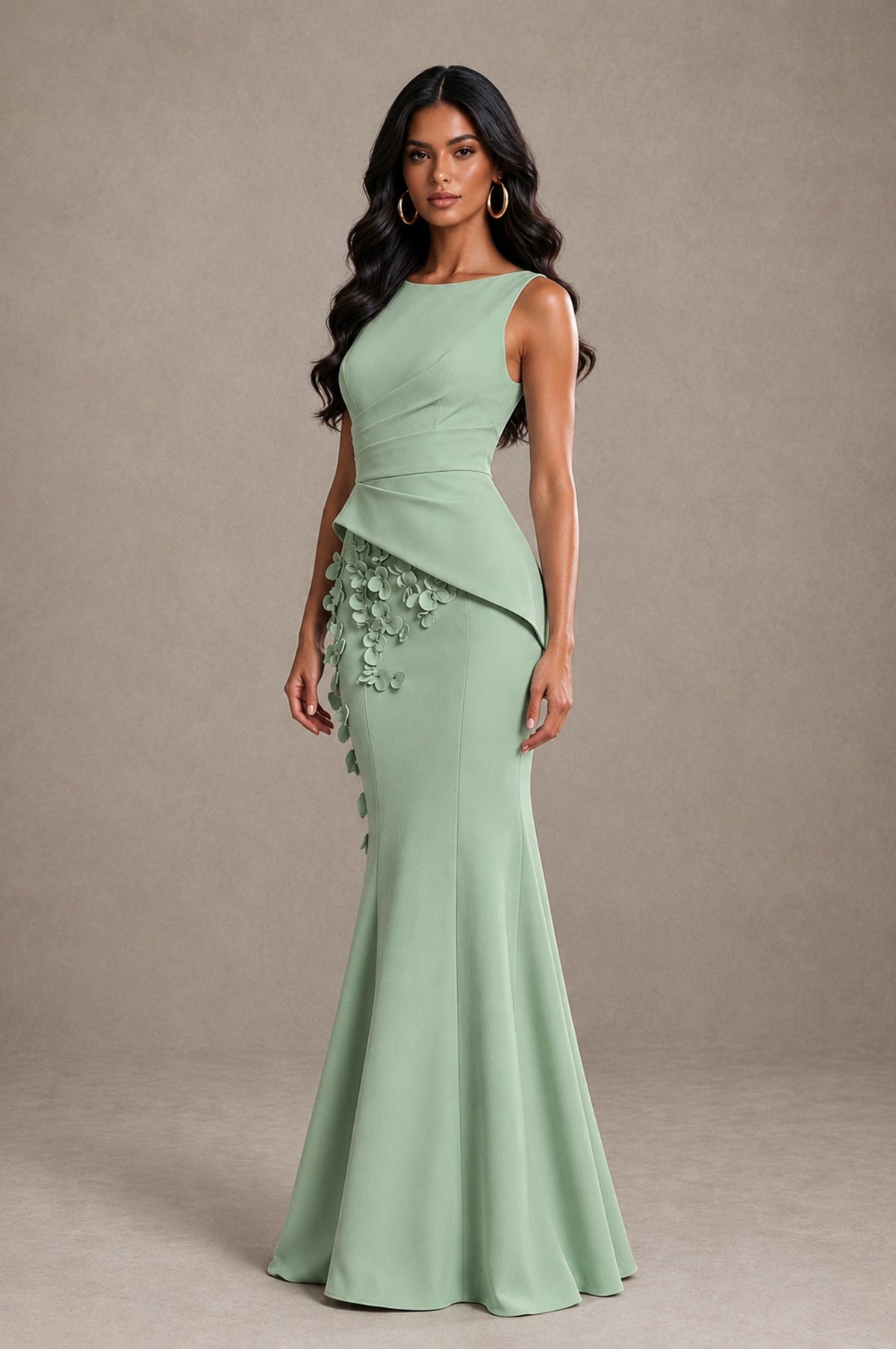 BOLODOO Sage Green Bateau Neck Sleeveless Asymmetric Peplum 3D Petal Appliqué Mermaid Gown BD0421 - Sage Green - Sage Green_3