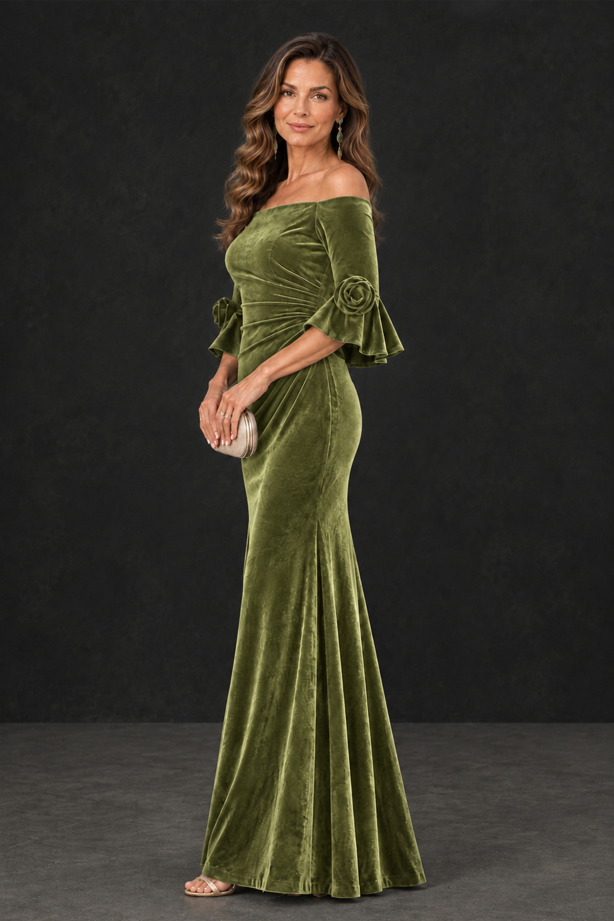 BOLODOO Sage Green Velvet Mother of the Bride Dress with Rosette Sleeves - Sage Green - Sage_Green_3