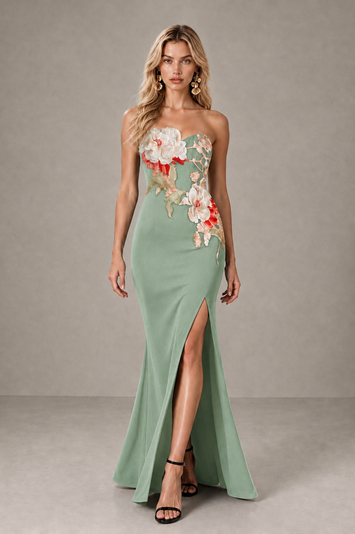 BOLODOO Sage Green Strapless Floral Mermaid Evening Dress with Slit - Sage Green - Sage_Green_3