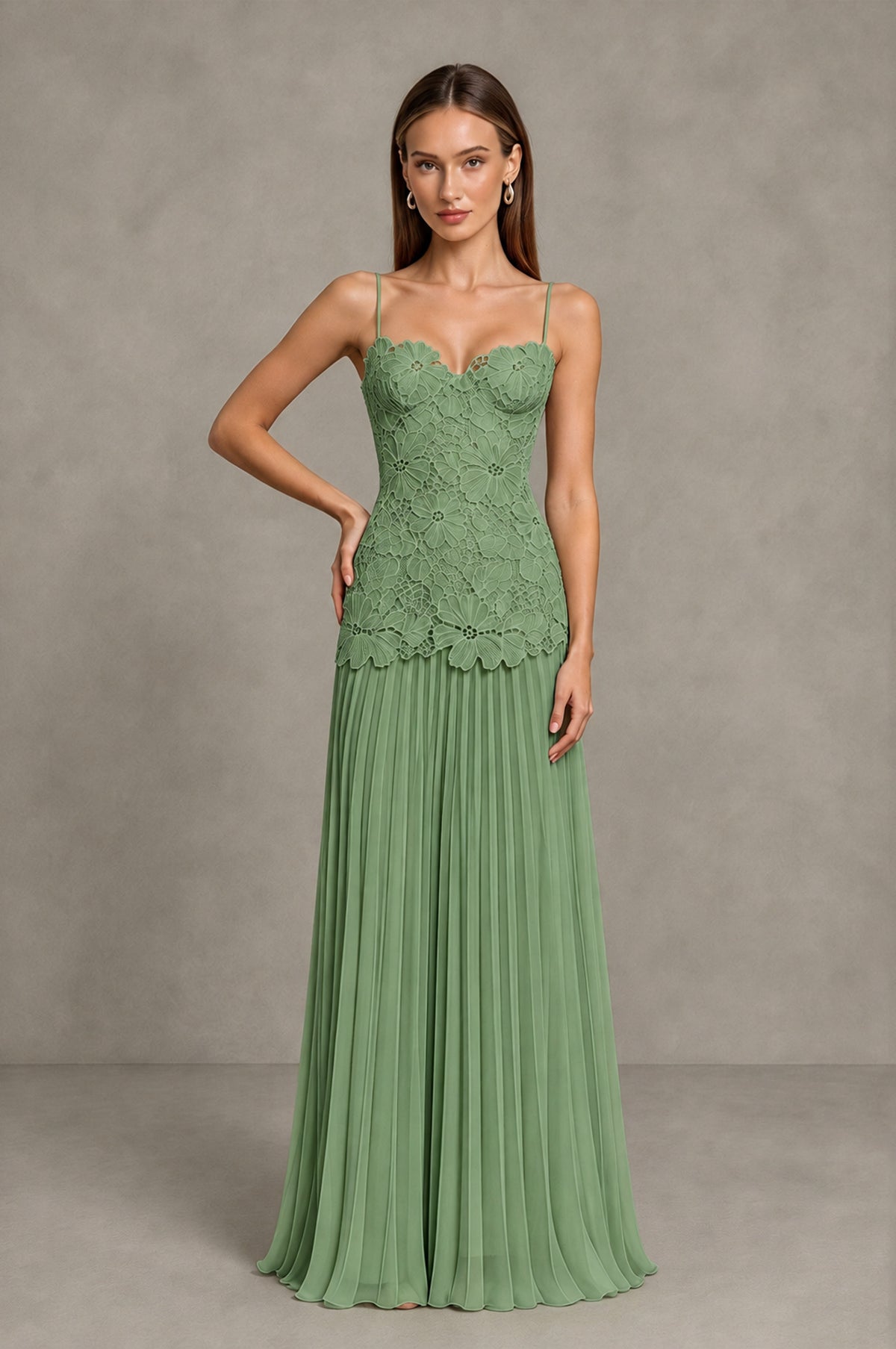 BOLODOO Sage Green Lace Bodice Pleated Wedding Guest Dress - Sage Green - Sage Green_3