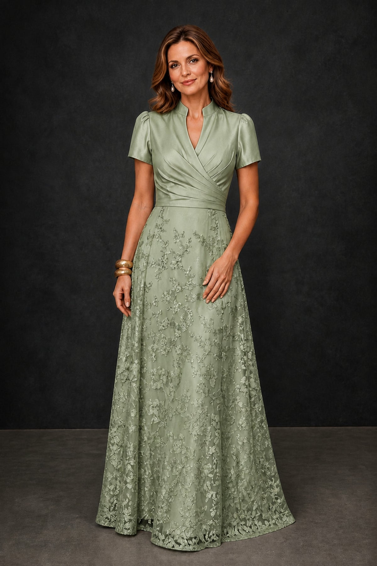 BOLODOO Sage Green Satin Wrap V-Neck Short Sleeve Lace Glitter A-Line Floor Length Evening Gown – Formal Dress - Sage Green