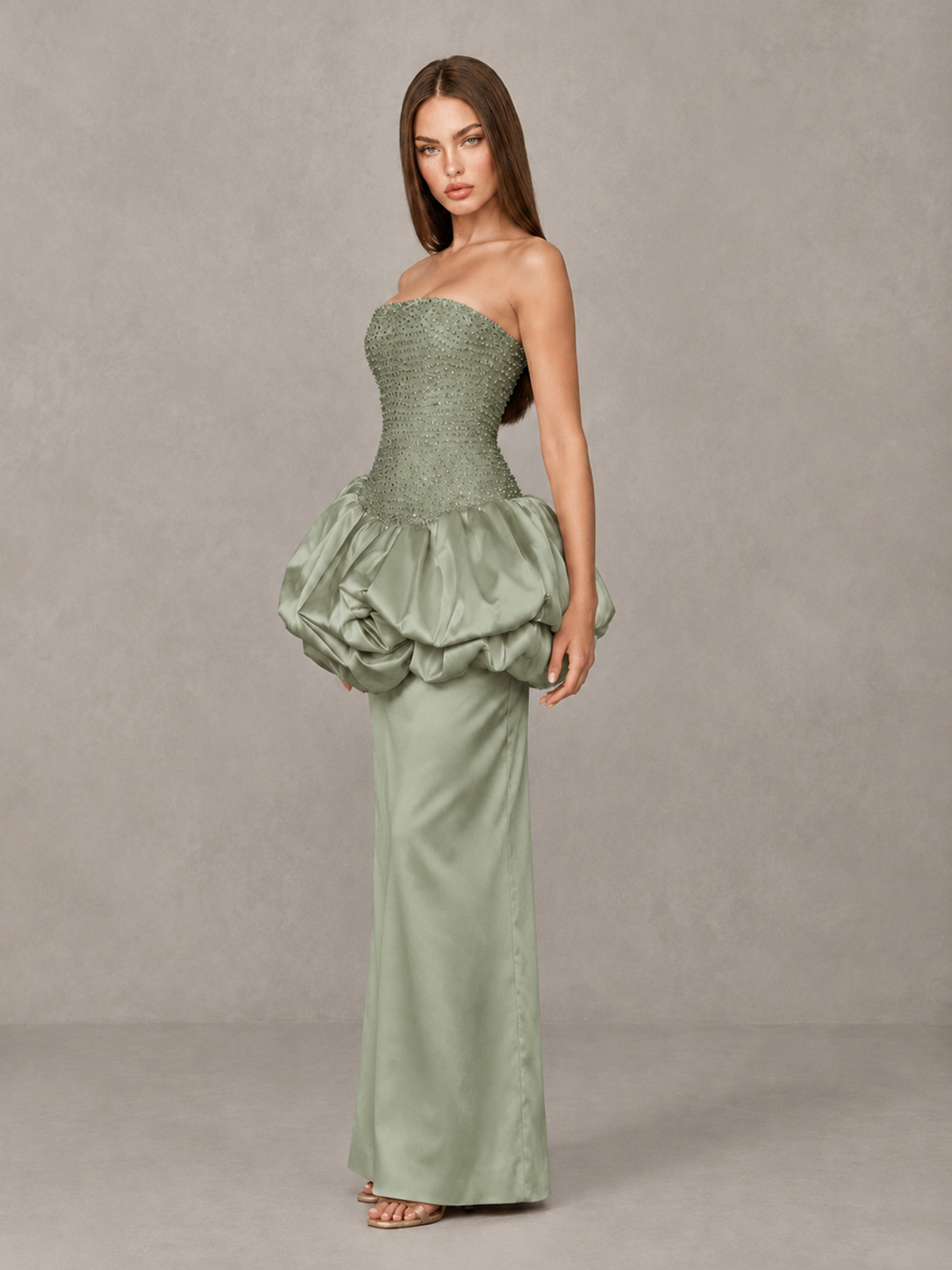 BOLODOO Sage Green Strapless Embellished Bubble Peplum Evening Dress - Sage Green - Sage Green_3