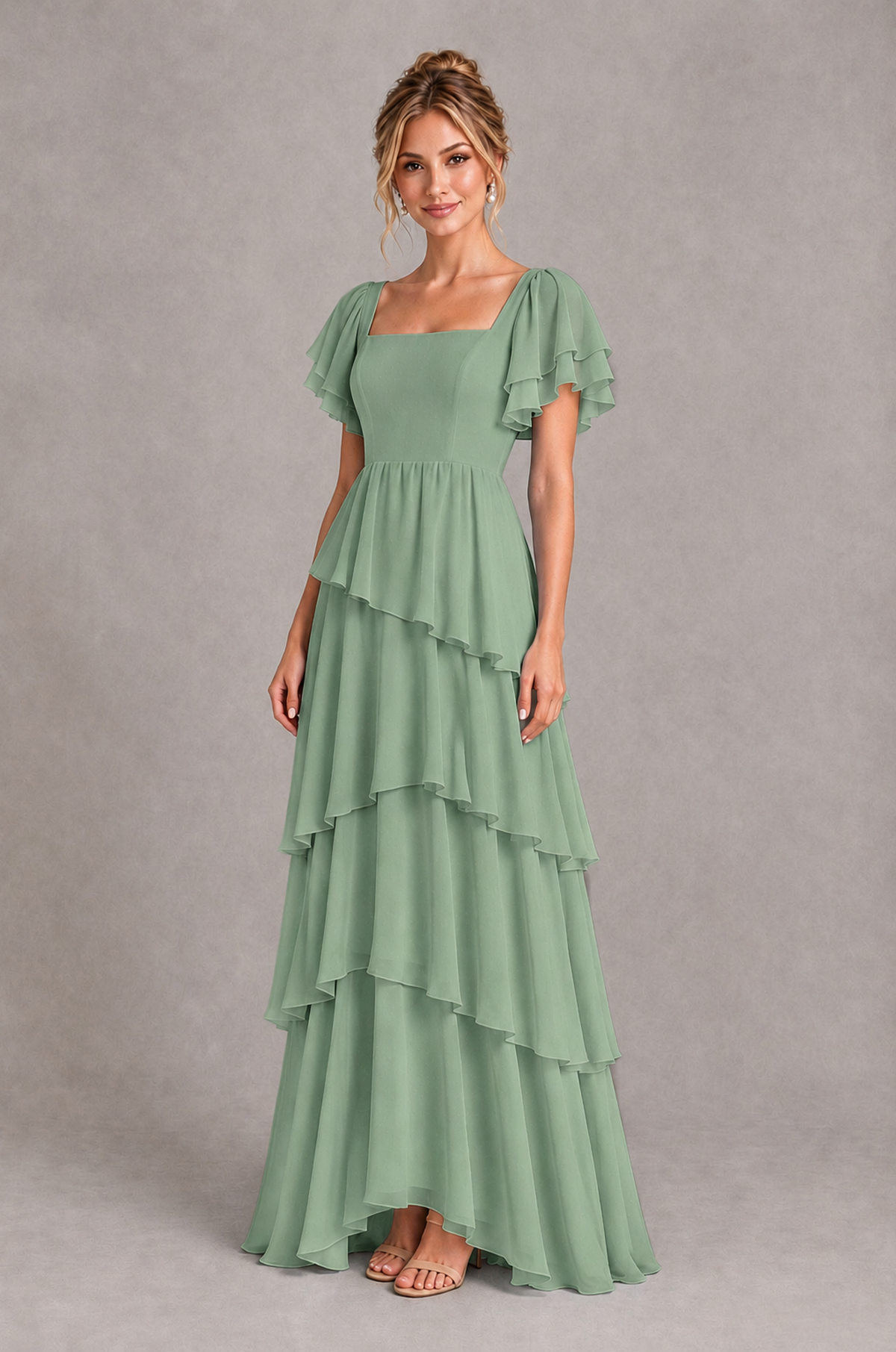 BOLODOO Sage Green Square Neck Flutter Sleeve Tiered Chiffon Bridesmaid Dress with Lace-Up Back - Sage Green - Sage Green_3