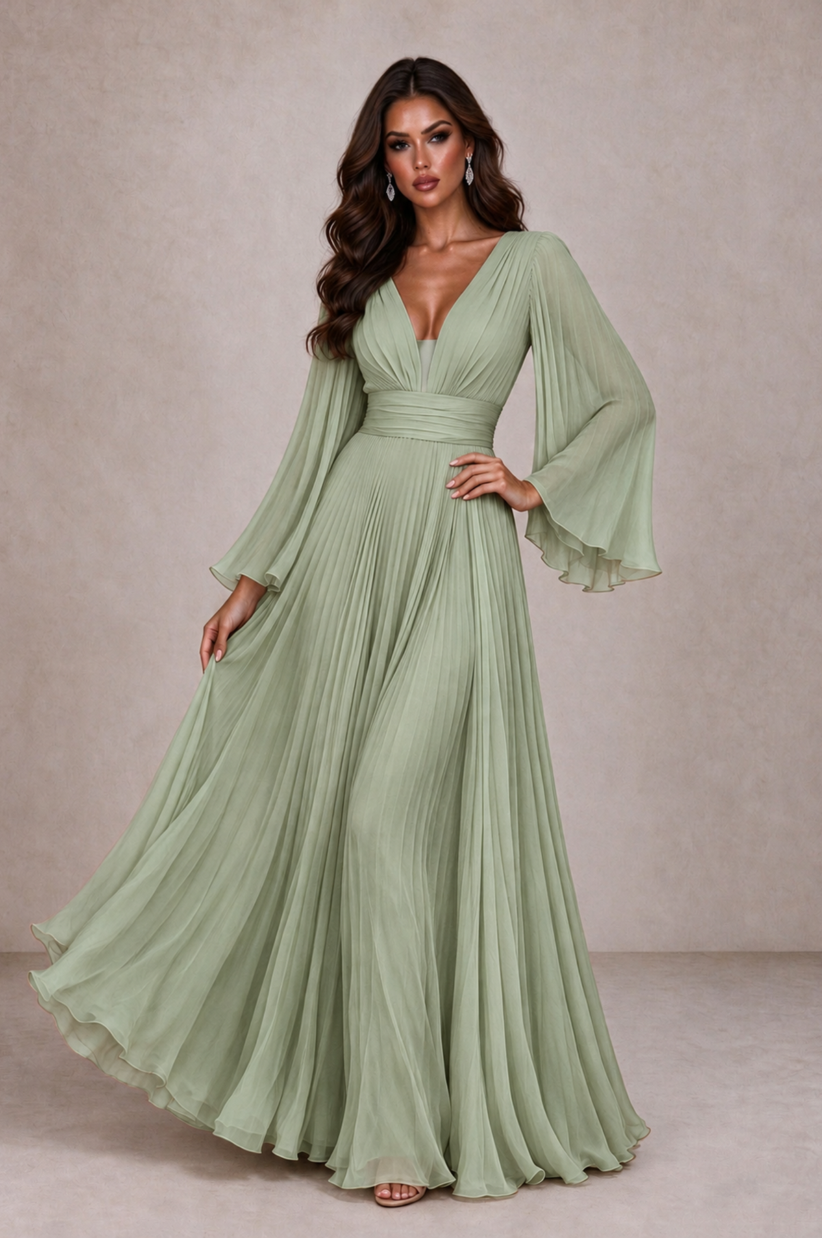 BOLODOO Sage Green Pleated Deep V-Neck Long Bell Sleeve Evening Dress - Sage Green - Sage_Green_3