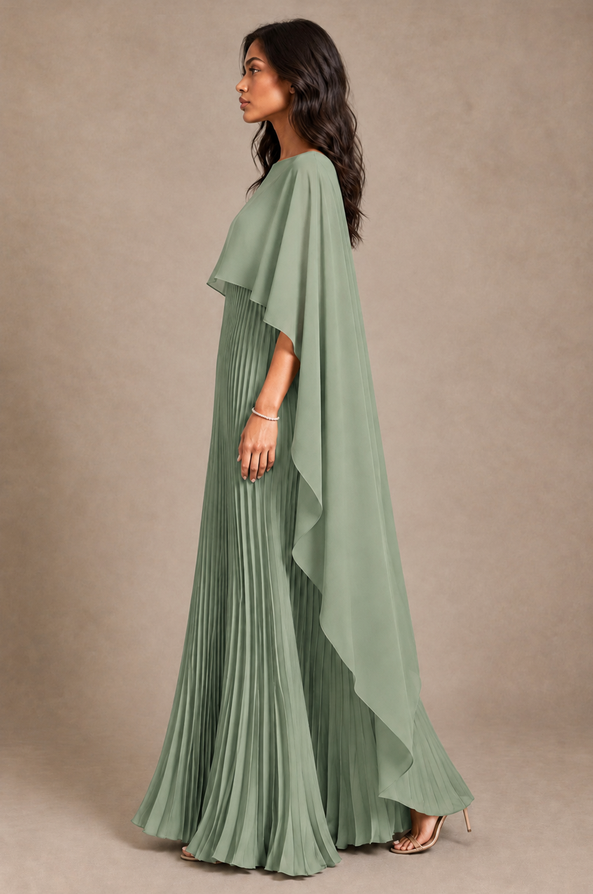 BOLODOO Sage Green Pleated Cape A-Line Evening Dress - Sage Green - Sage_Green_3