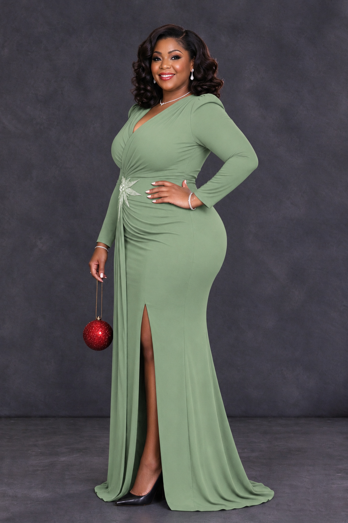 BOLODOO Sage Green Plus Size Long Sleeve V-Neck Mother of the Bride Dress with Slit - Sage Green - Sage Green_3