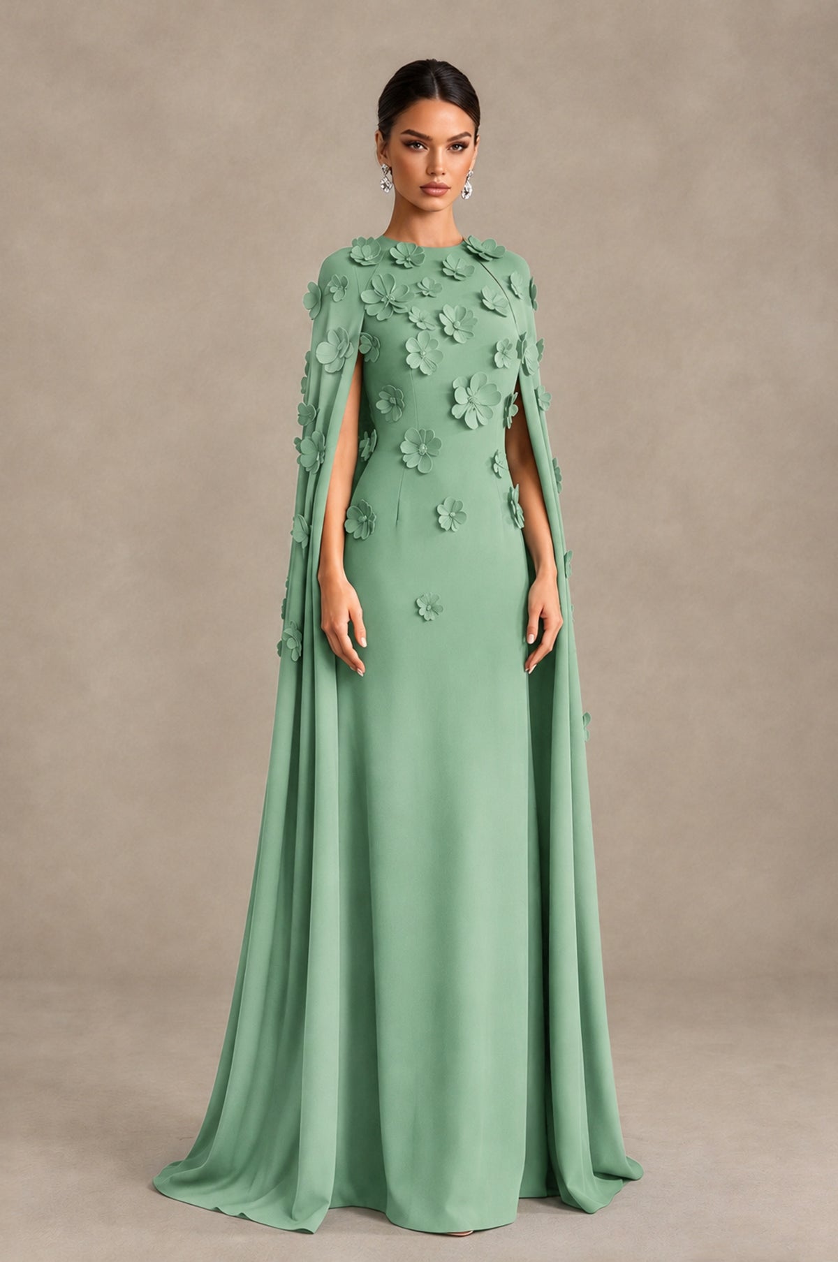 BOLODOO Sage Green 3D Floral Applique Cape Formal Dress - Sage Green - Sage Green_3