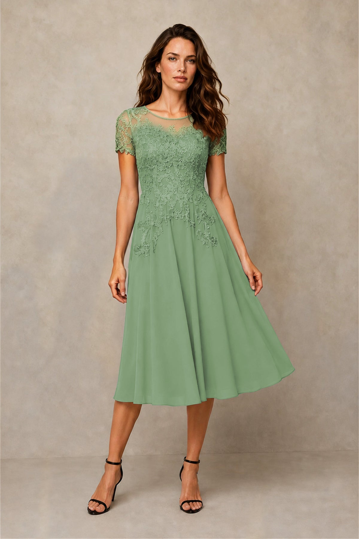 BOLODOO Steel Sage Green Beaded Lace Illusion Bodice Chiffon Tea-Length Dress | Mother of the Bride & Cocktail Party - Sage Green