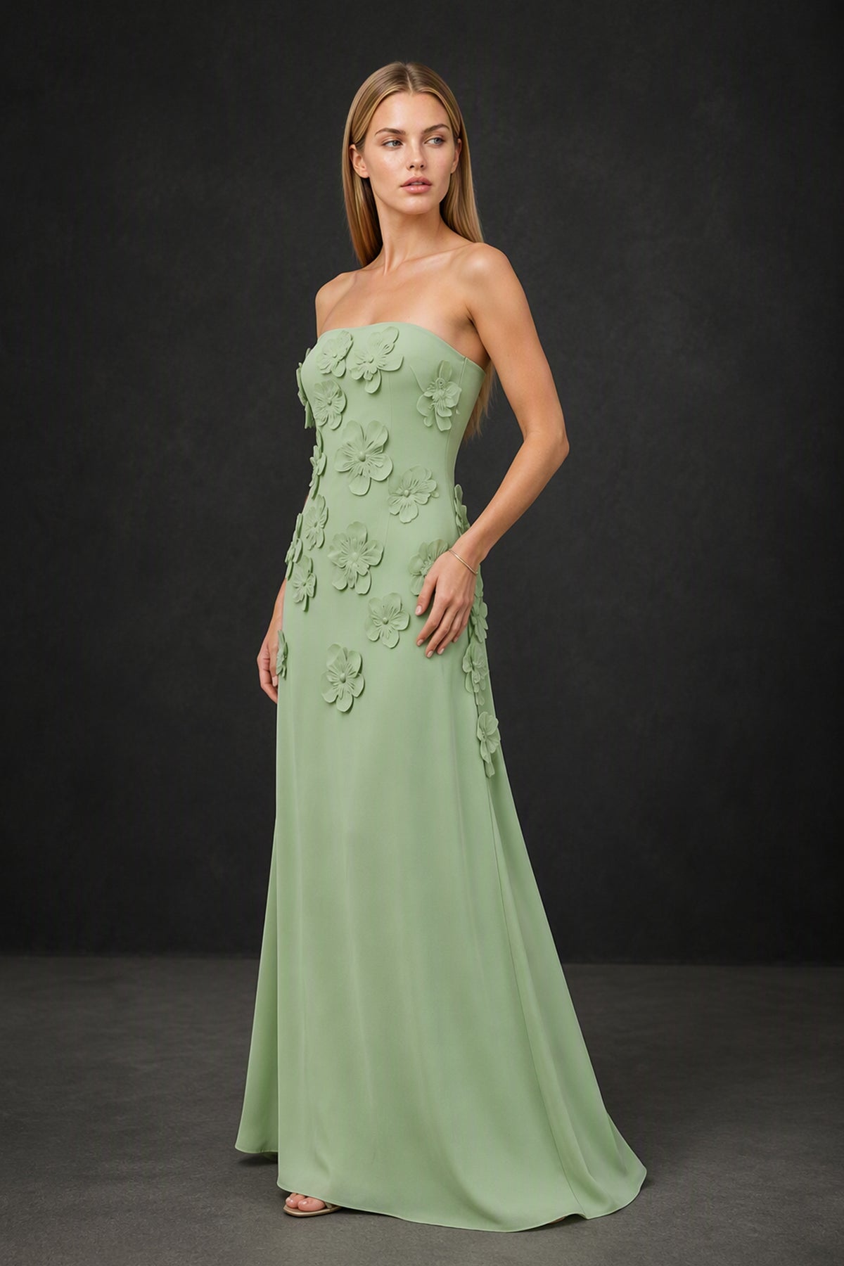 BOLODOO Sage Green Strapless 3D Floral Appliqué Crepe Mermaid Maxi Gown - Sage Green