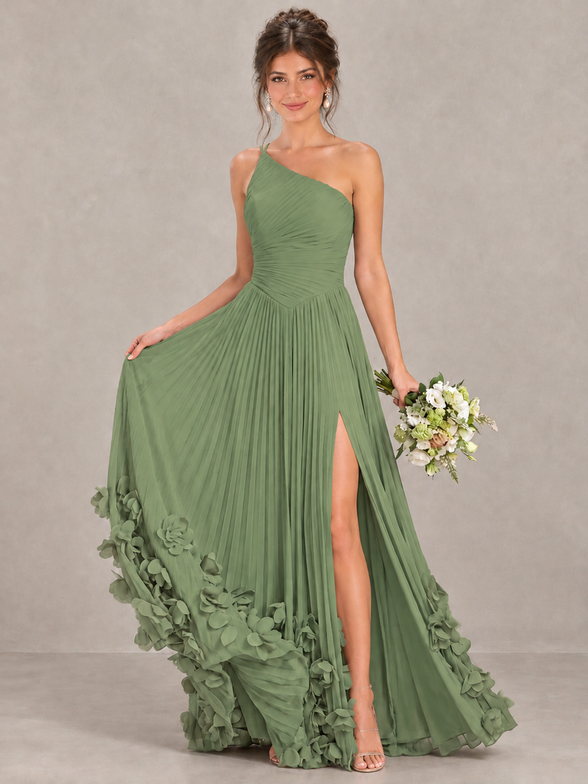 BOLODOO Sage Green One-Shoulder Pleated Bridesmaid Dress with 3D Floral Hem - Sage Green - Sage Green_4