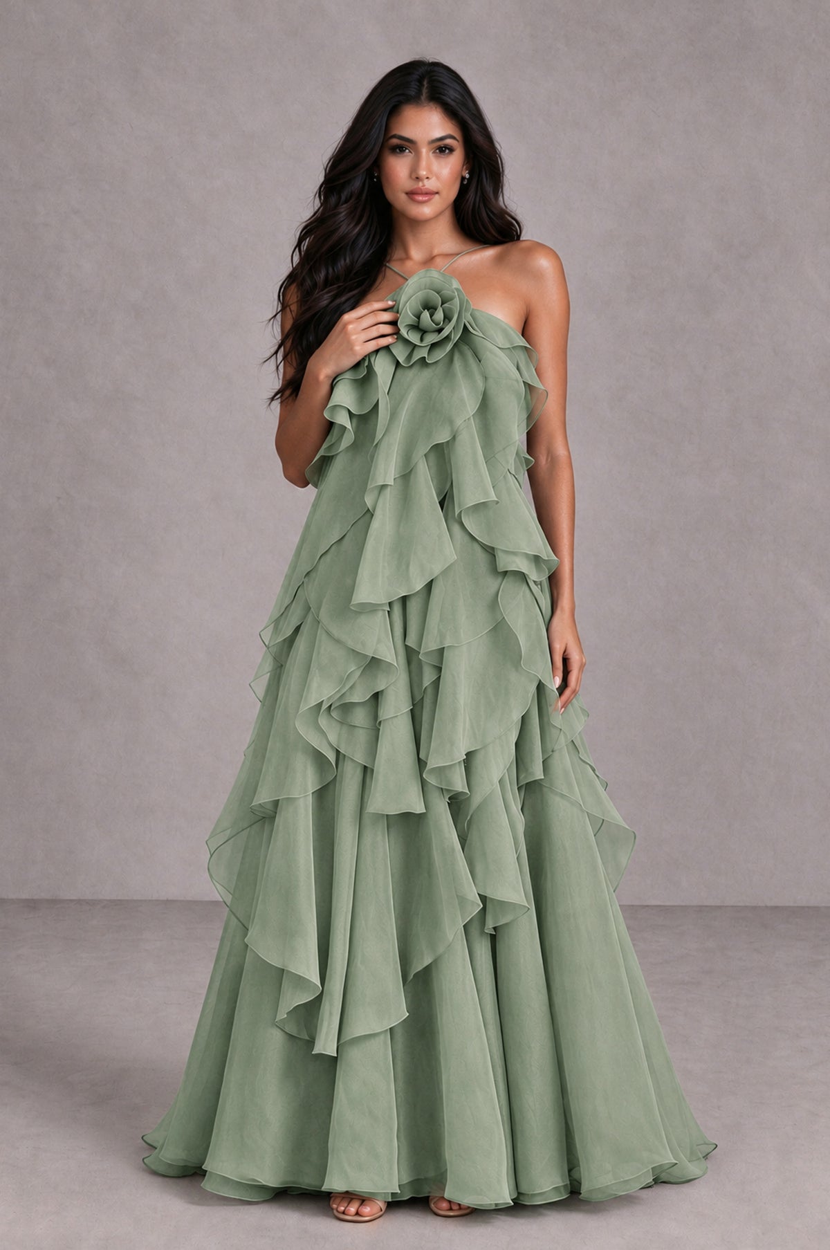 BOLODOO Sage Green Cascading Ruffle Rosette Open-Back Maxi Dress - Sage Green - Sage Green_4
