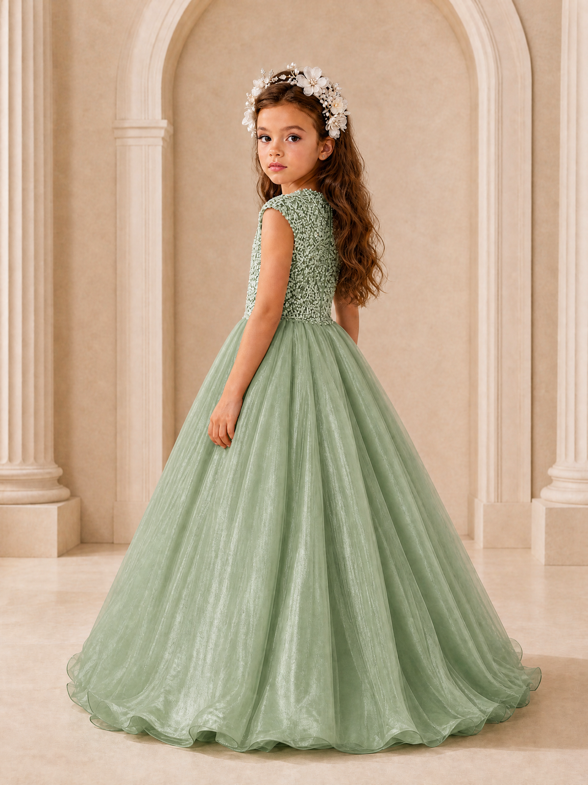 BOLODOO Sage Green Sequin Tulle Flower Girl Dress with Cap Sleeves - Sage Green - Sage Green_4