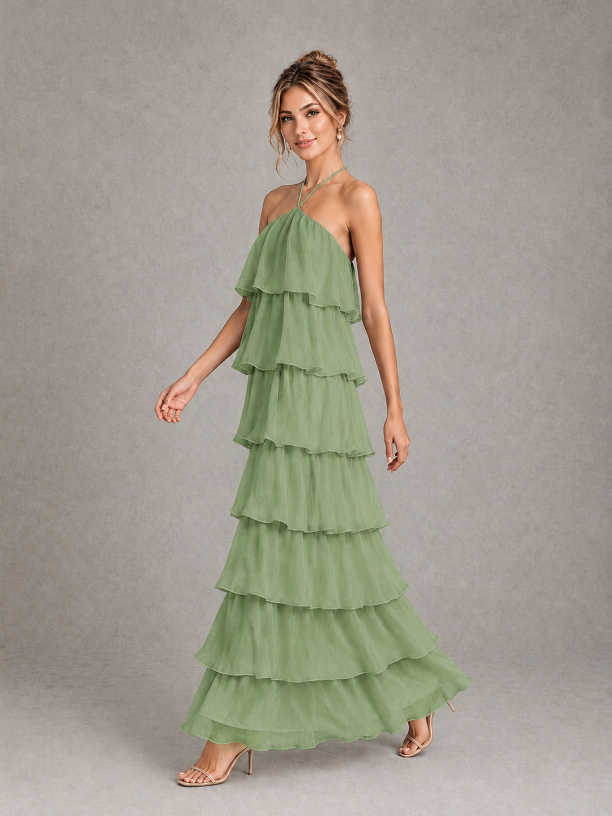 BOLODOO Sage Green Halter Tiered Ruffle Maxi Bridesmaid Dress - Sage Green - Sage Green_4