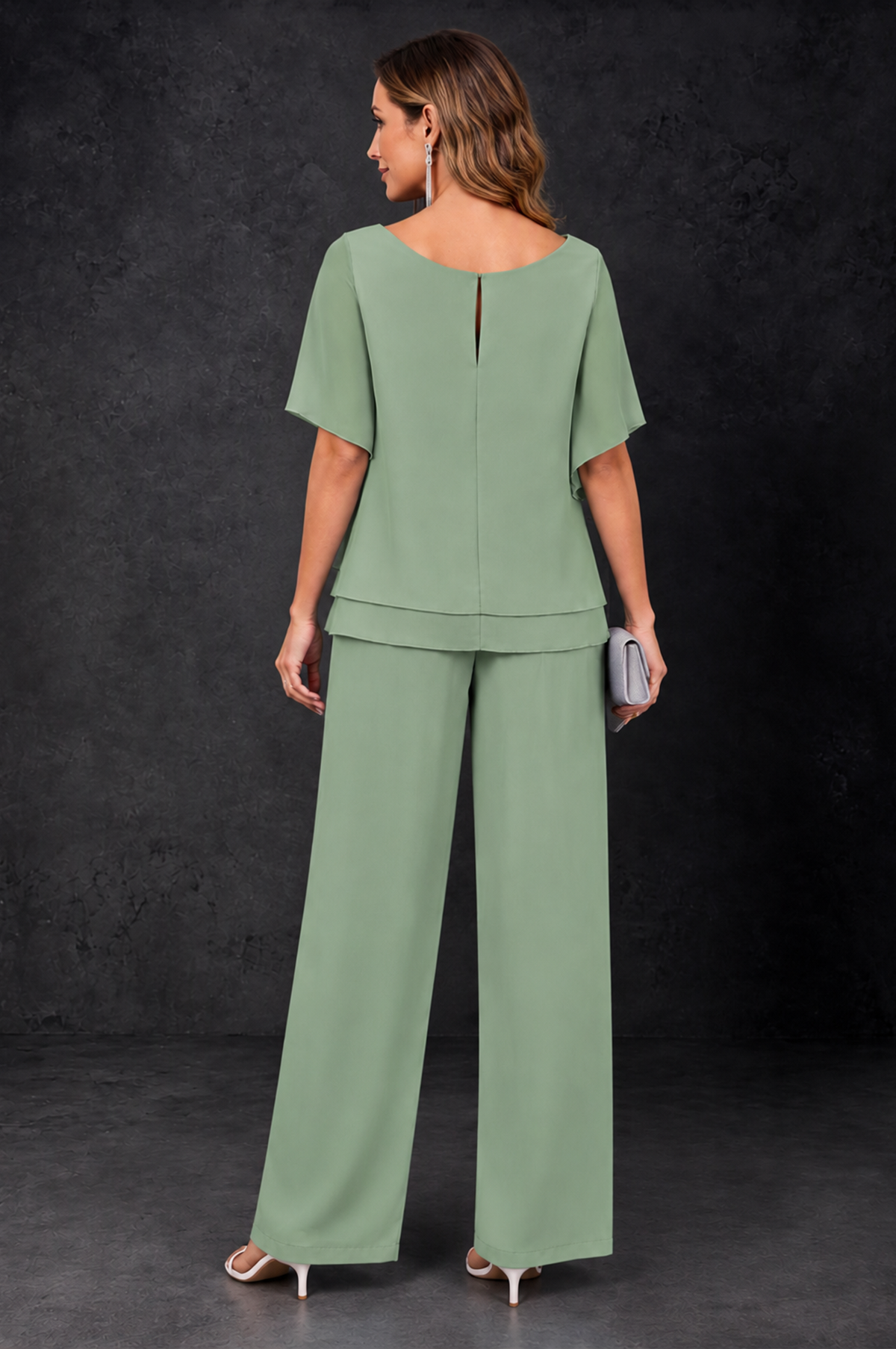 BOLODOO Sage Green Layered Chiffon-Look Mother of the Bride Pantsuit - Sage Green - Sage_Green_4