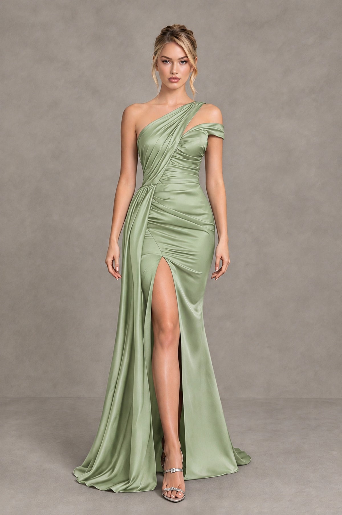 BOLODOO Sage Green Asymmetric Ruched Formal Evening Dress - Sage Green - Sage Green_4