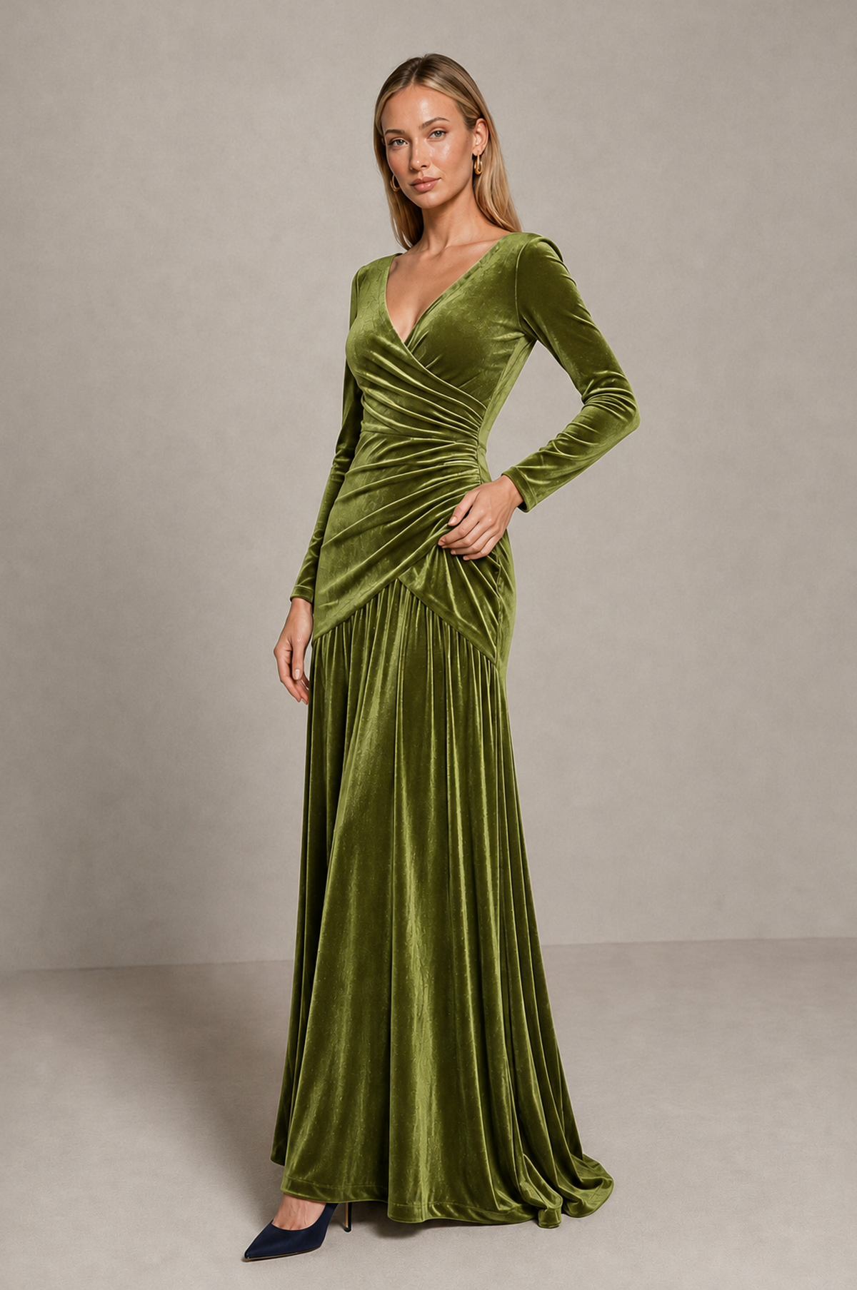 BOLODOO Sage Green Velvet Long Sleeve V-Neck Ruched Evening Dress - Sage Green - Sage_Green_4