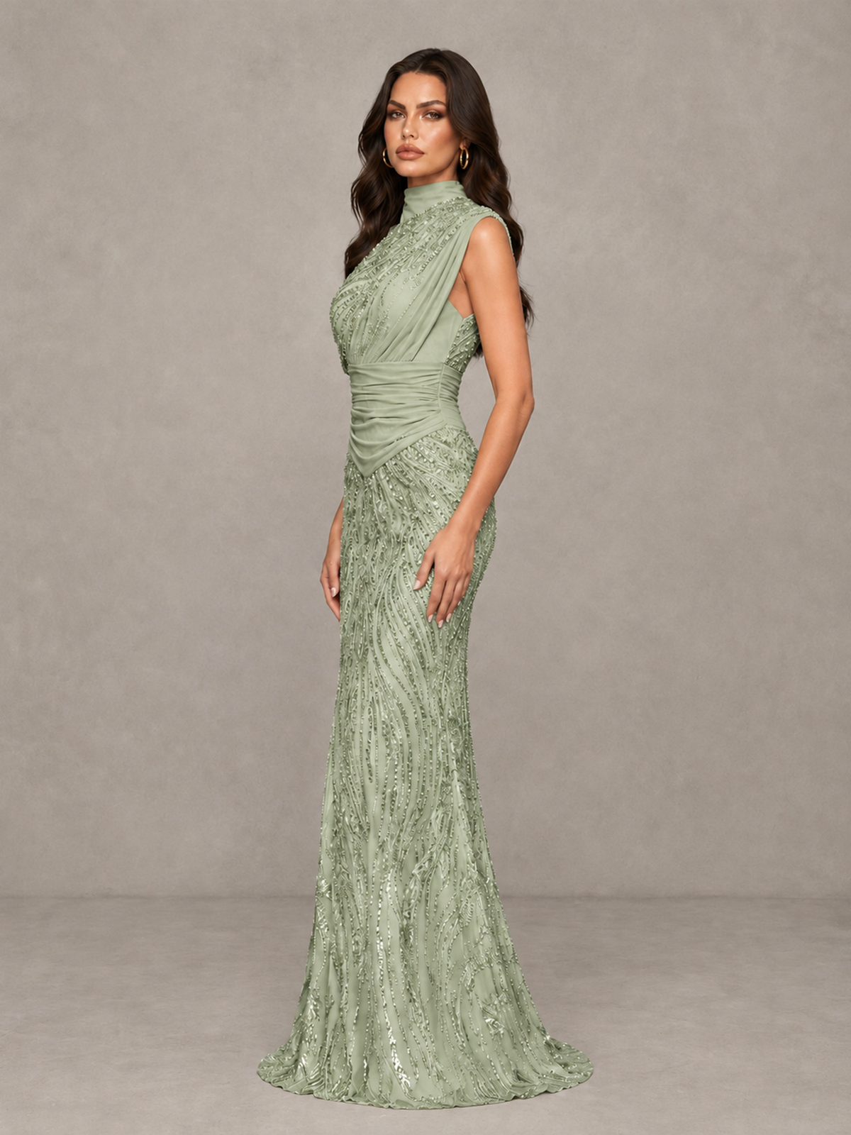BOLODOO Sage Green High Neck Draped Sequin Mermaid Evening Gown - Sage Green - Sage Green_4