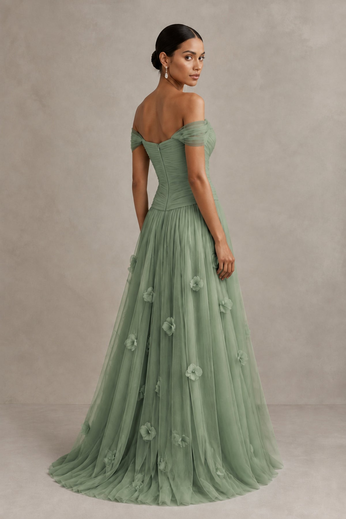 Sage Green Off-Shoulder Sweetheart A-Line Tulle Gown with 3D Floral Appliques | BOLODOO - Sage Green