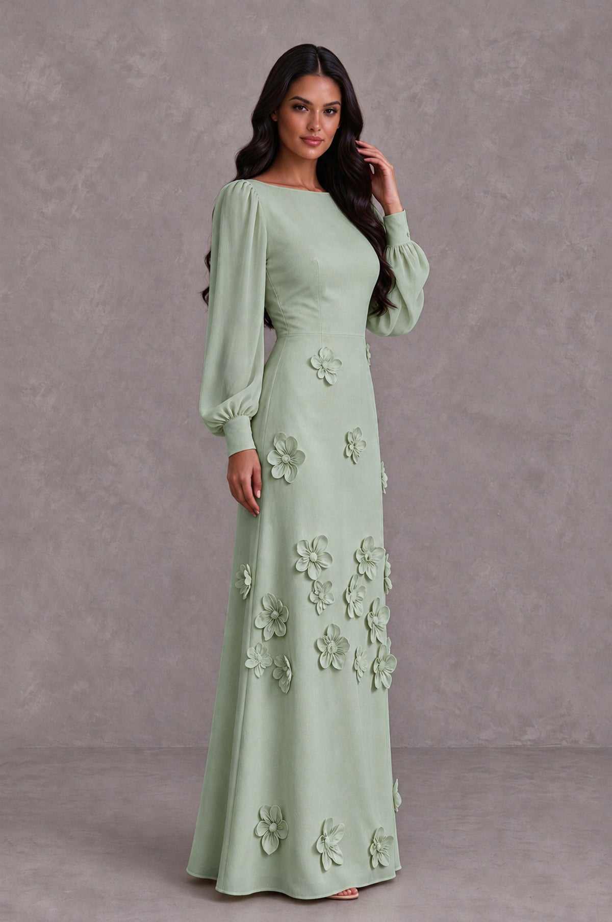 BOLODOO Sage Green Long Sleeve Floral Applique A-Line Evening Dress - Sage Green - Sage Green_4