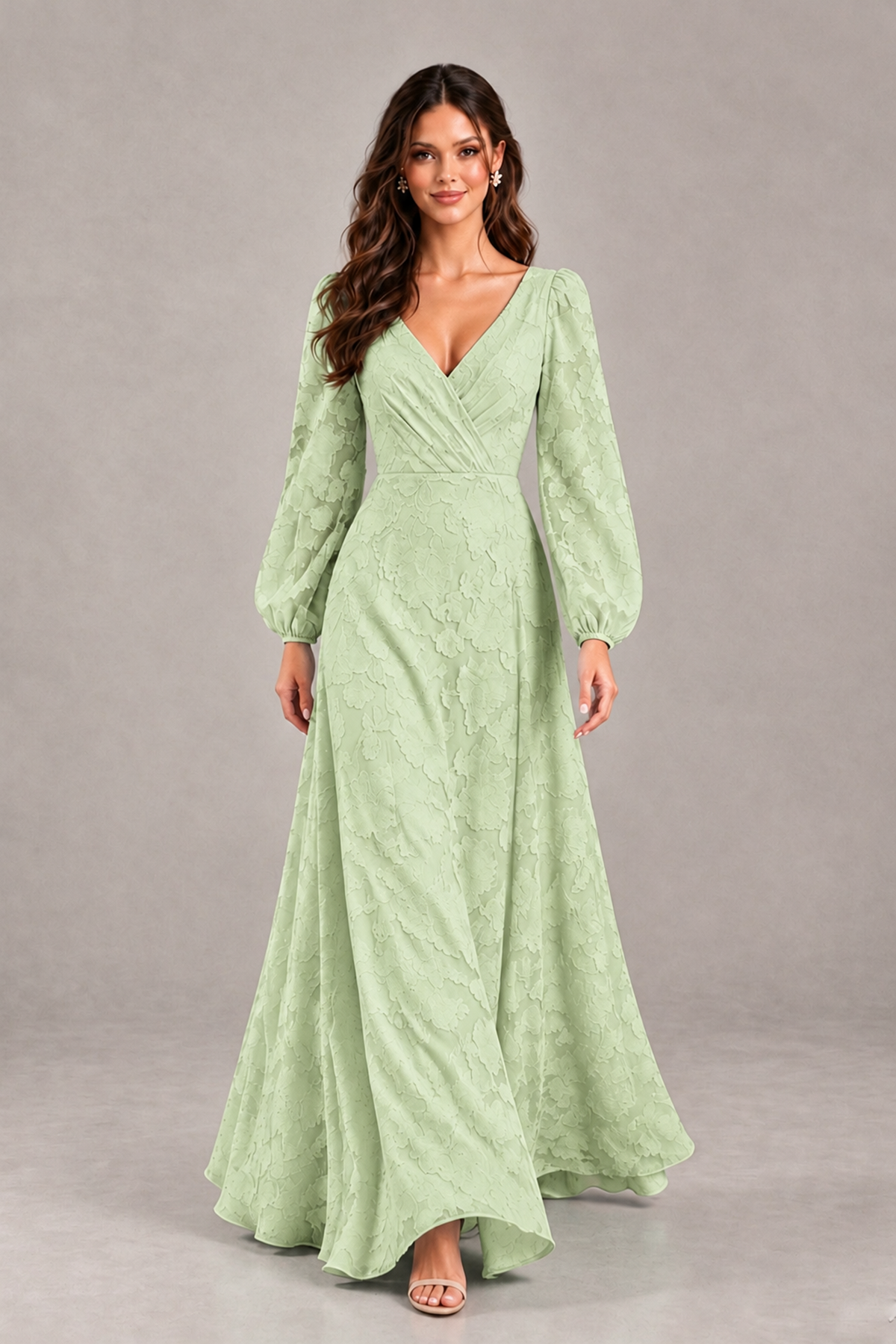 BOLODOO Sage Green Long Sleeve V-Neck A-Line Mother of the Bride Dress - Sage Green - Sage Green_4