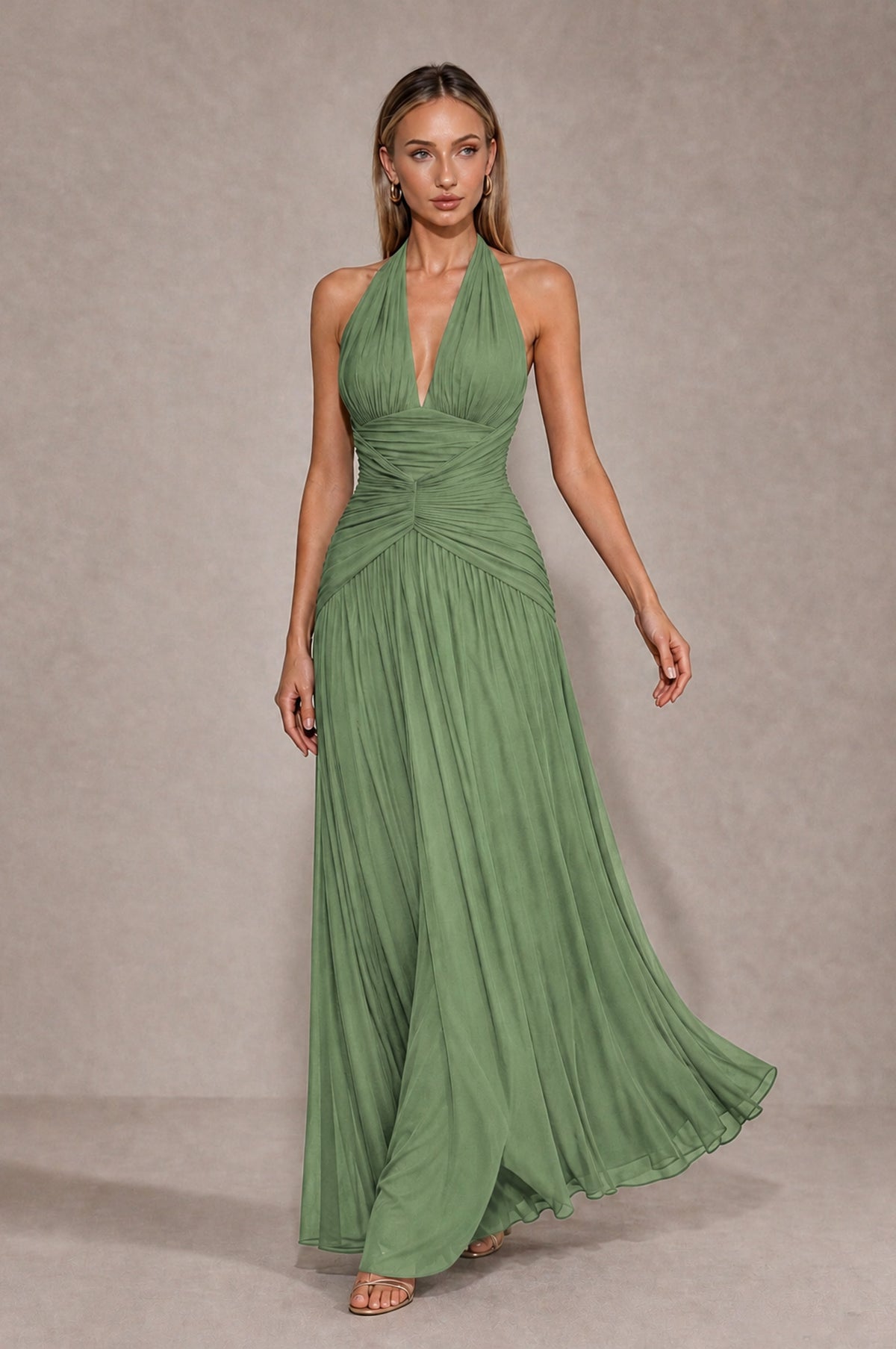 BOLODOO Sage Green Chiffon Halter Deep V-Neck Ruched A-Line Backless Maxi Dress with Train-BD0167 - Sage Green - Sage Green_4