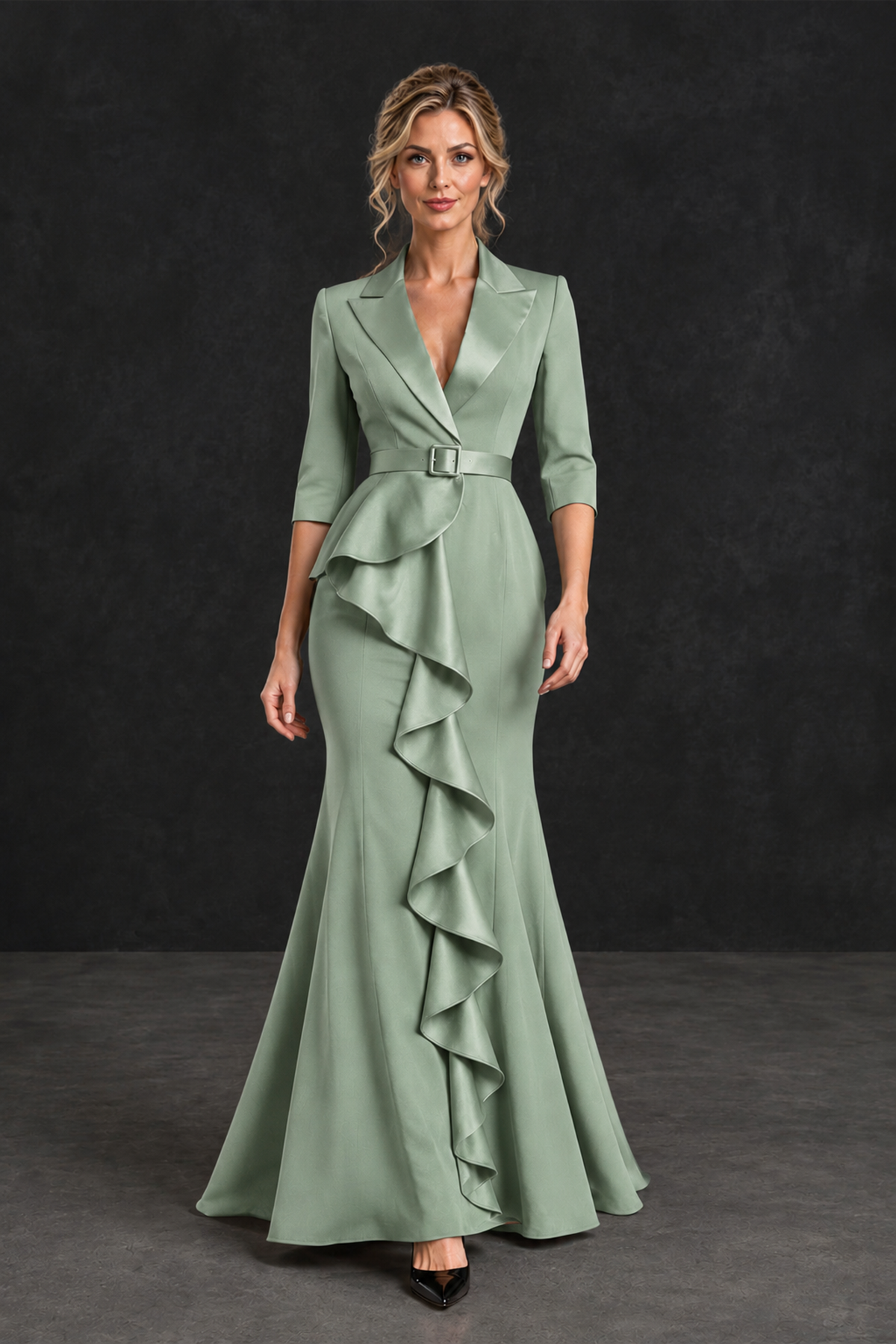 BOLODOO Sage Green Lapel Ruffle Mother of the Bride Dress with Belt - Sage Green - Sage Green_4