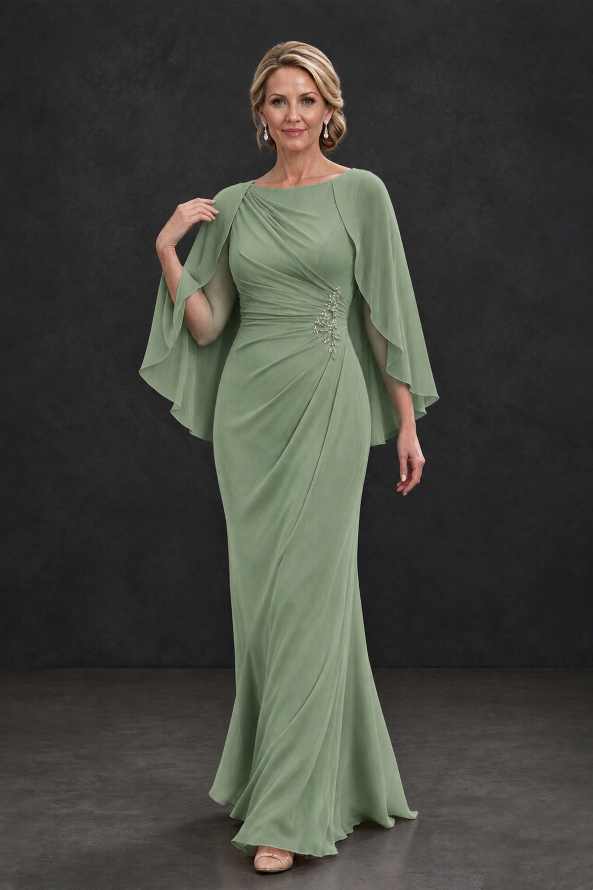 BOLODOO Sage Green Cape Sleeve Mother of the Bride Dress with Ruched Waist - Sage Green - Sage Green_4
