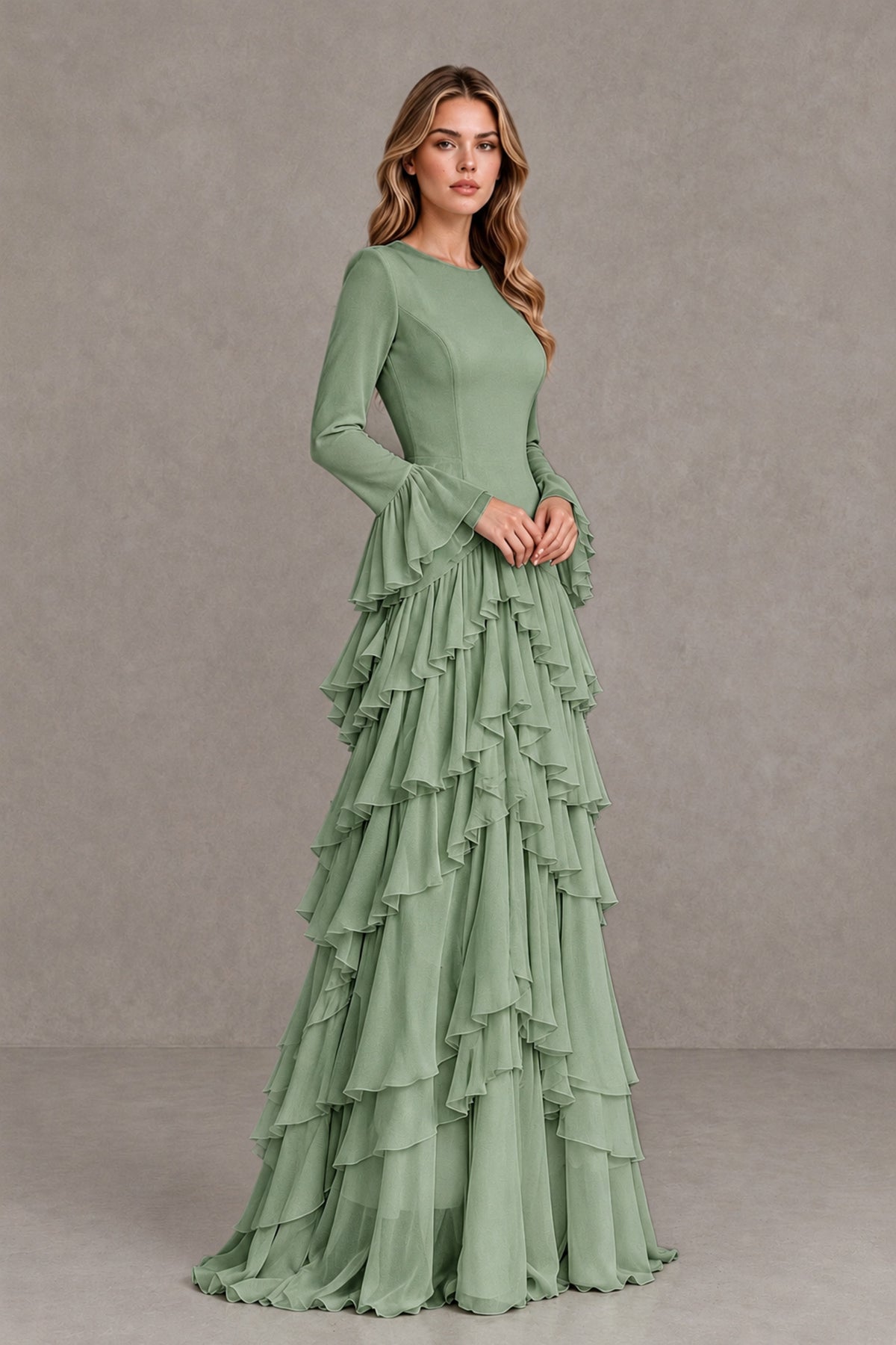 Sage Green Long Sleeve Tiered Ruffle Evening Gown - Sage Green - Sage Green_4