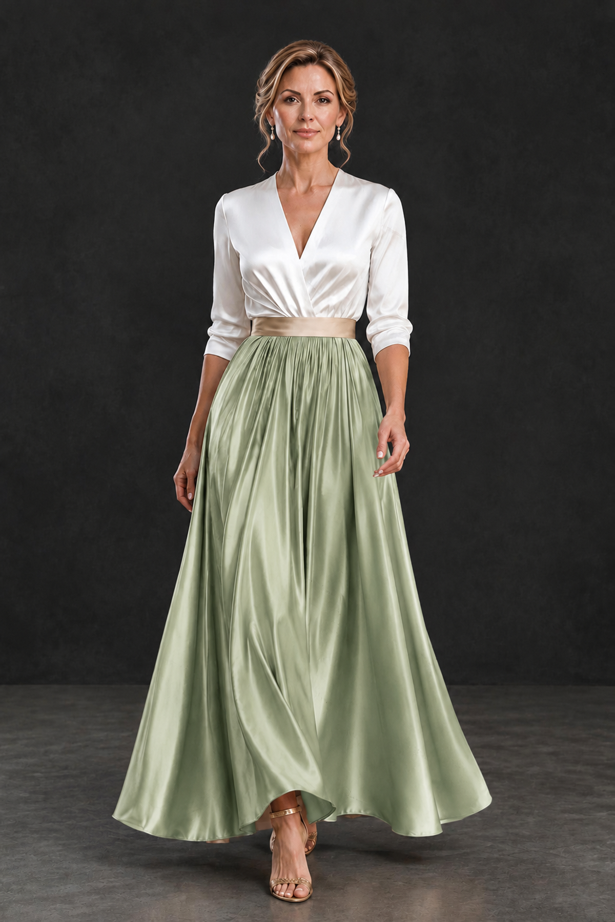 BOLODOO Sage Green and White V-Neck A-Line Mother of the Bride Dress - Sage Green - Sage Green_4