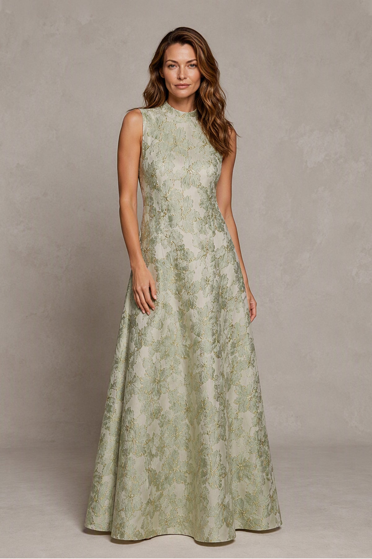BOLODOO Sage Green Jacquard High Neck Sleeveless A-Line Maxi Dress – Wedding Guest & Formal Evening Gown - Sage Green