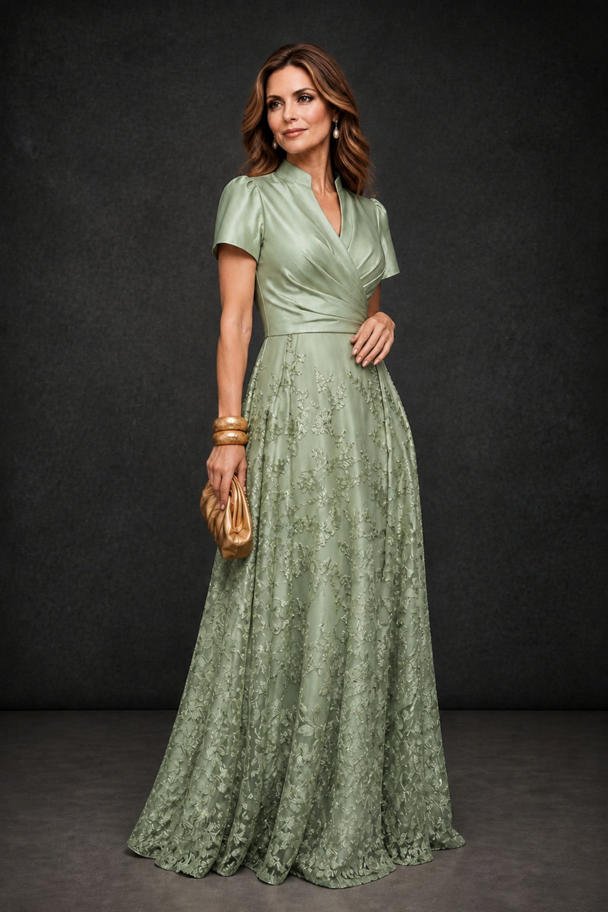 BOLODOO Sage Green Satin Wrap V-Neck Short Sleeve Lace Glitter A-Line Floor Length Evening Gown – Formal Dress - Sage Green
