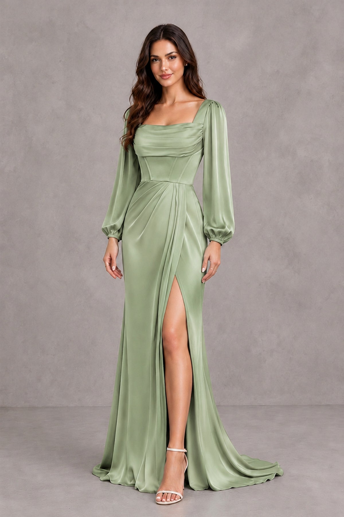 BOLODOO Sage Green Satin-Look Long Sleeve Evening Dress with High Slit - Sage Green - Sage Green_4