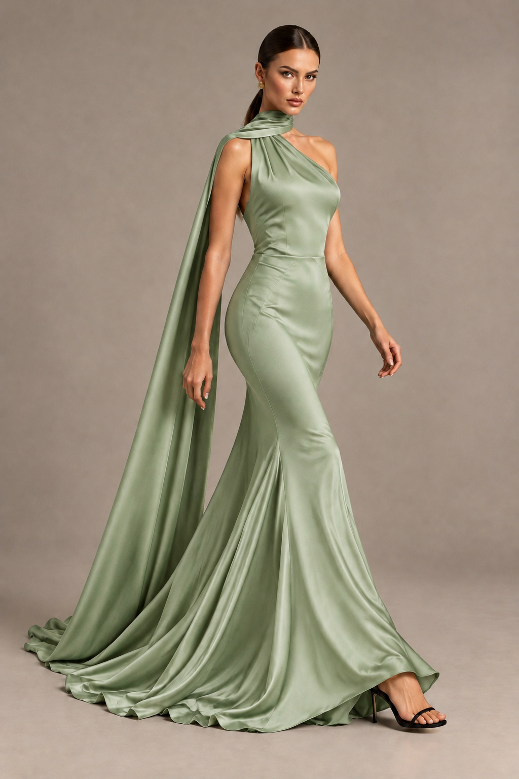 BOLODOO Sage Green One-Shoulder Satin Mermaid Evening Dress with Scarf - Sage Green - Sage Green_4