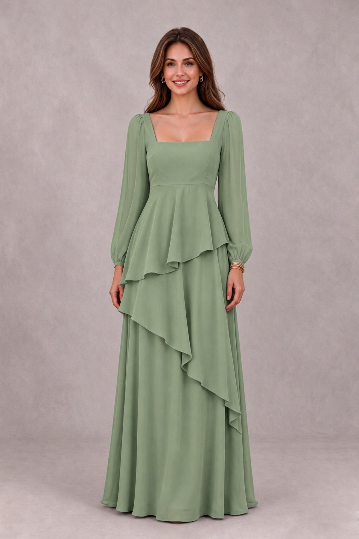 BOLODOO Sage Green Long Sleeve Ruffle Bridesmaid Dresses - Sage Green - Sage Green_4